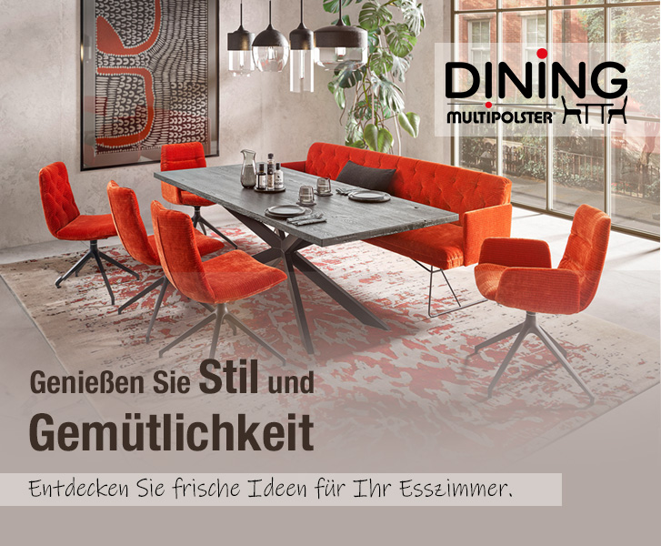 Esszimmer in Aperol farbe tischgruppe mit Drehstühlen in Cord und Sitzbank