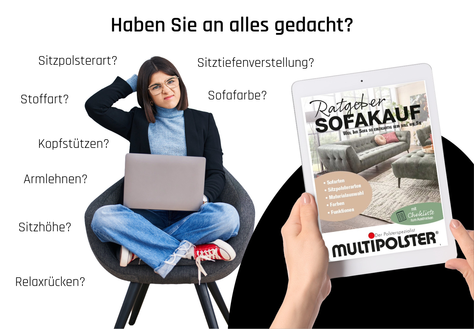 frau denkt nach. Tablet mit Sofakaufratgeber in der Hand