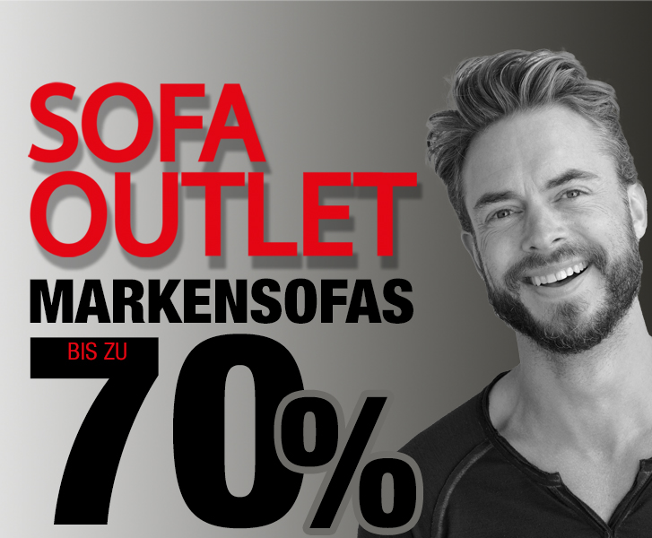 Outlet 70% in Textform grau mit lächelndem Mann