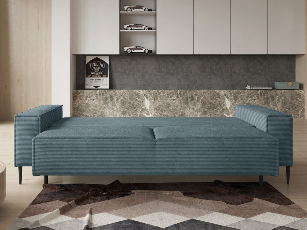 Einzelsofa Cord blau - mit Schlaffunktion und schwarzen abgerundeten Füßen- modern minimalistisch