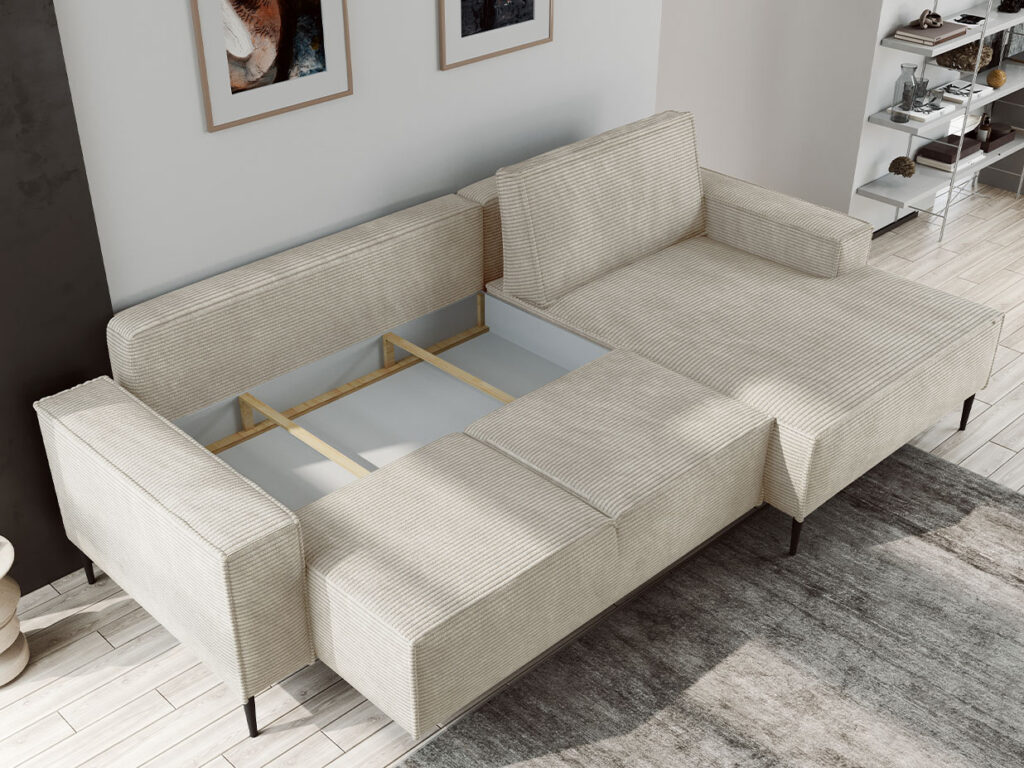 Ecksofa Cord natur - mit Stauraum und schwarzen abgerundeten Füßen- modern minimalistisch