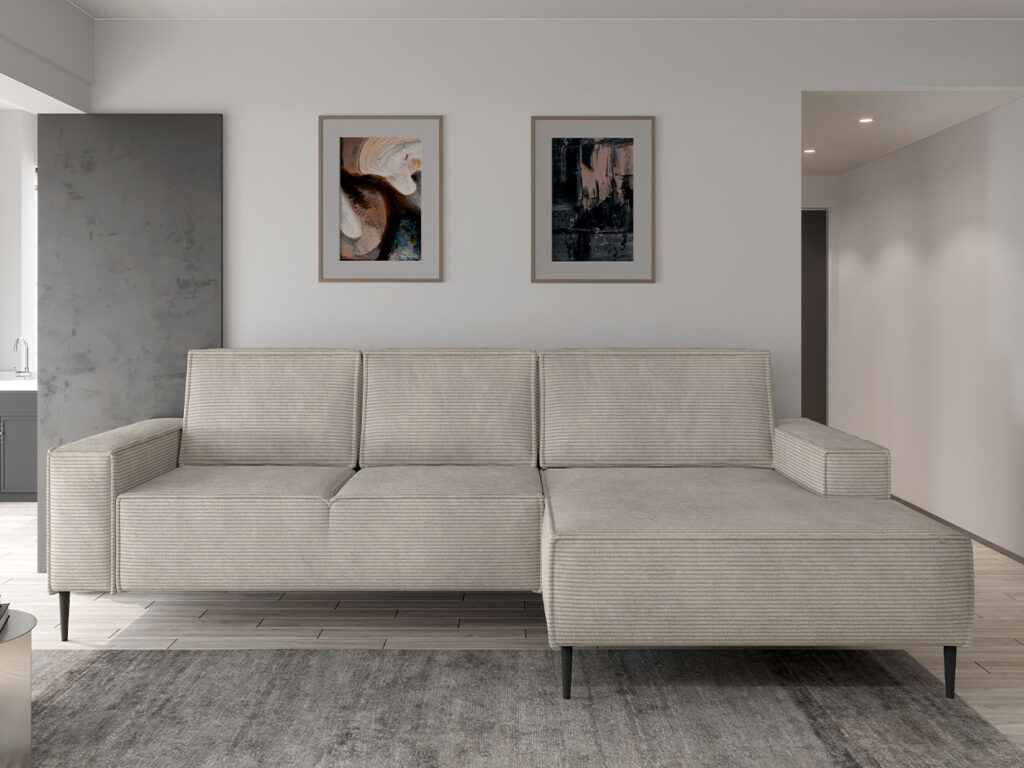 Ecksofa Cord natur Frontansicht- schwarze abgerundete Füßen- modern minimalistisch in einem hellen Raum