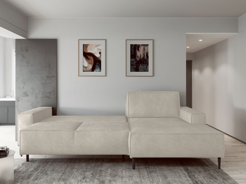 Ecksofa Cord natur - mit schlaffunktion und schwarzen abgerundeten Füßen- modern minimalistisch