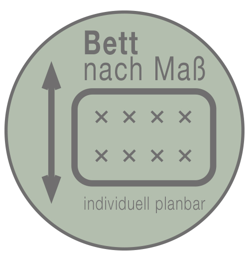 ein Kreis mit einer Skizze eines Kopfteils und dem Text Bett nach Maß