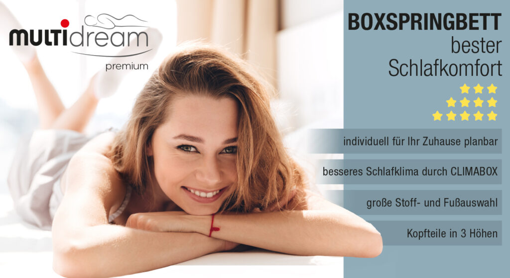 Frau lächelt, daneben stehen Stichpunkte zum Thema Bett von multidream premium
