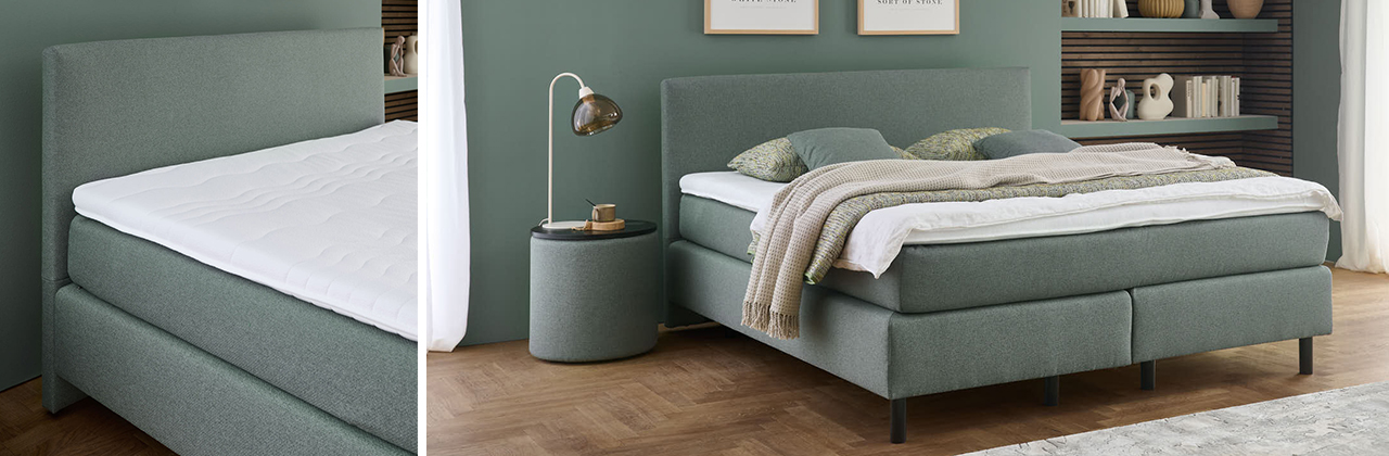 Bild ist zweigeteilt zeigt ein Detail des Kopfteils eines Bettes und das Bett vollständig