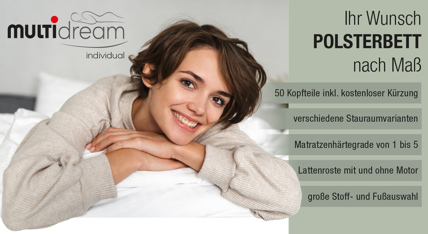 Frau lächelt, daneben stehen Stichpunkte zum Thema Bett von multidream individual