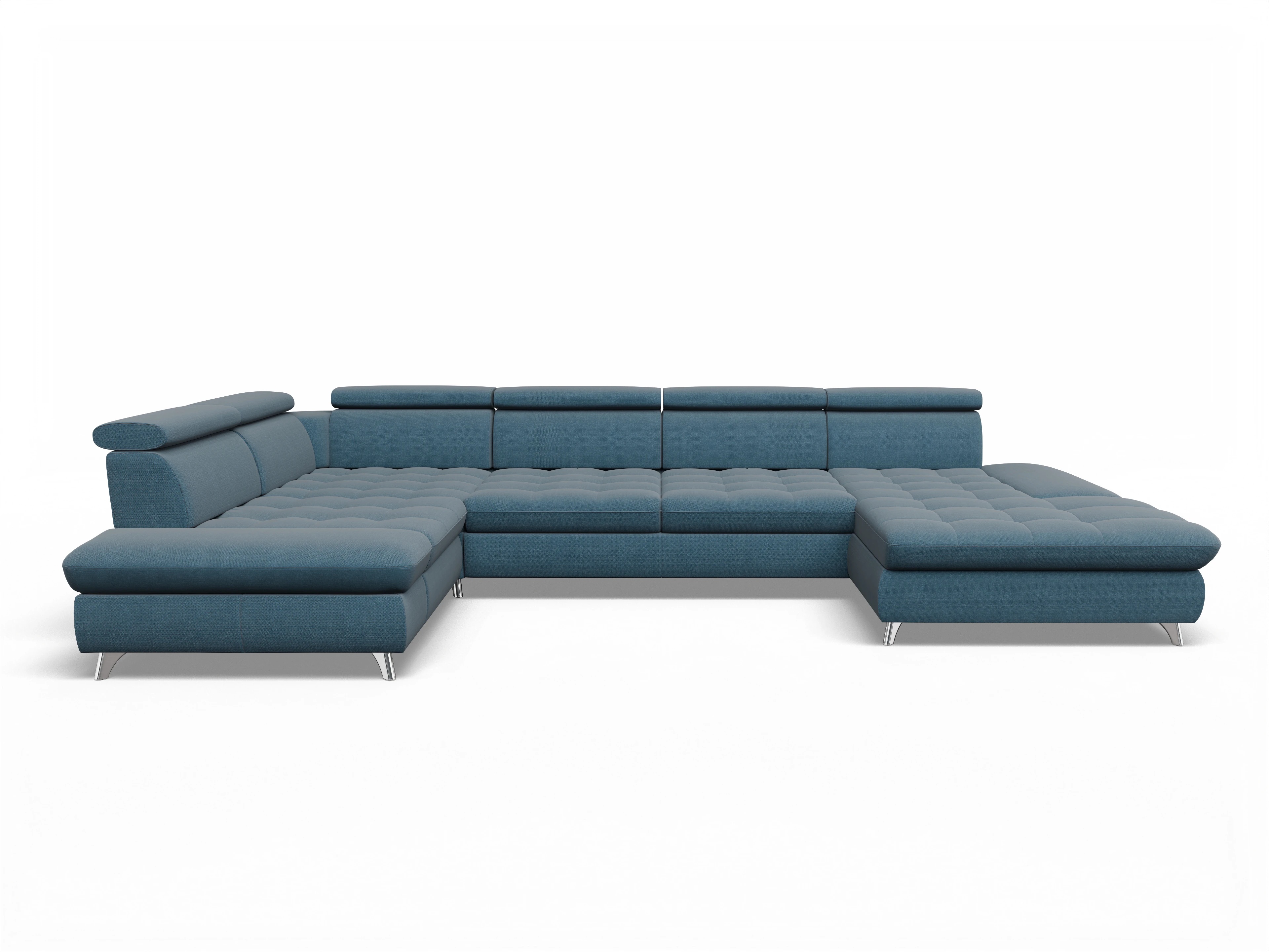 Ansicht des Produktes Memphis Stoff Wohnlandschaft Armlehne links Abschluss offen rechts in Stoff Blau