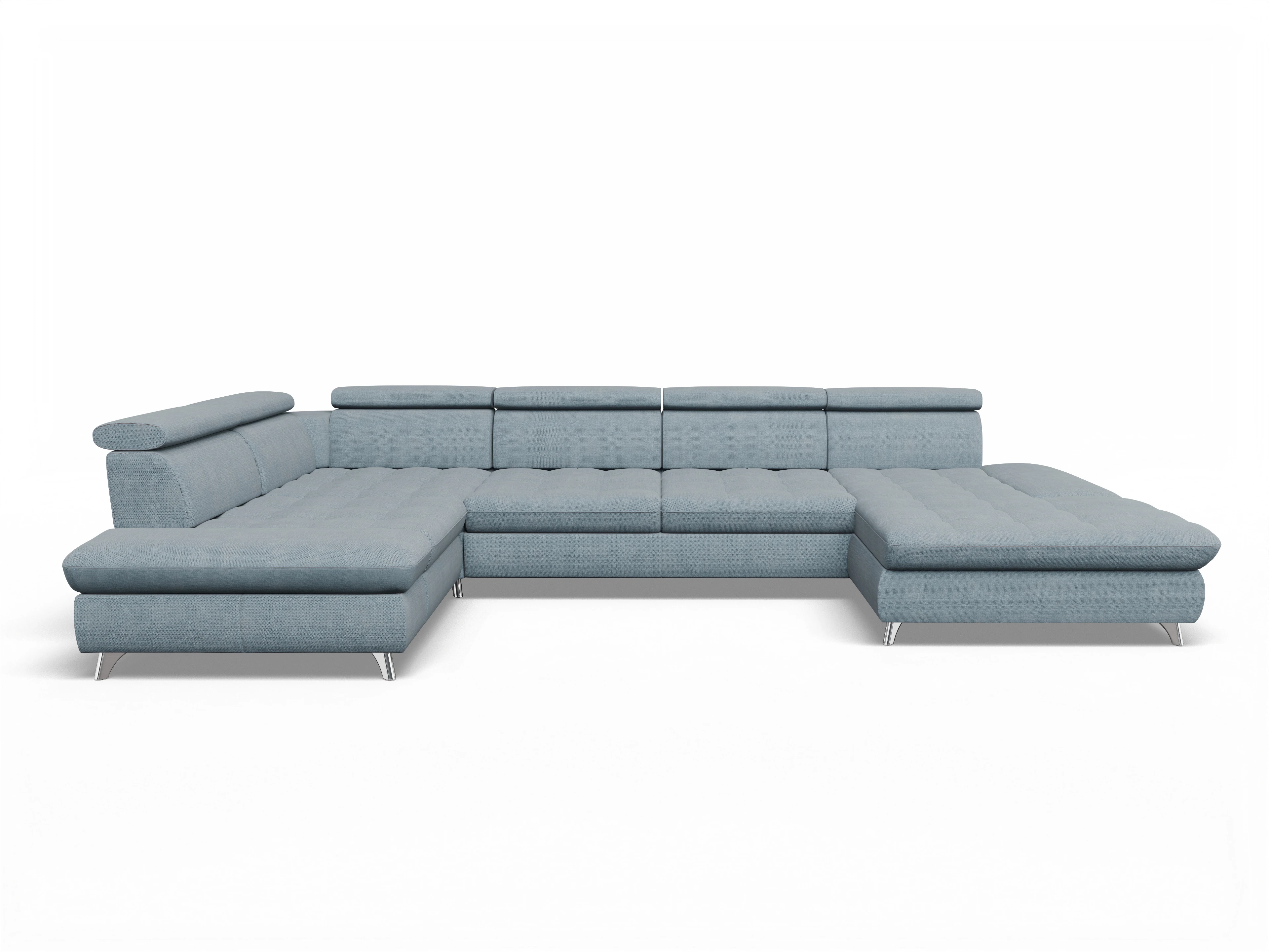 Ansicht des Produktes Memphis Stoff Wohnlandschaft Armlehne links Abschluss offen rechts in Stoff Blau