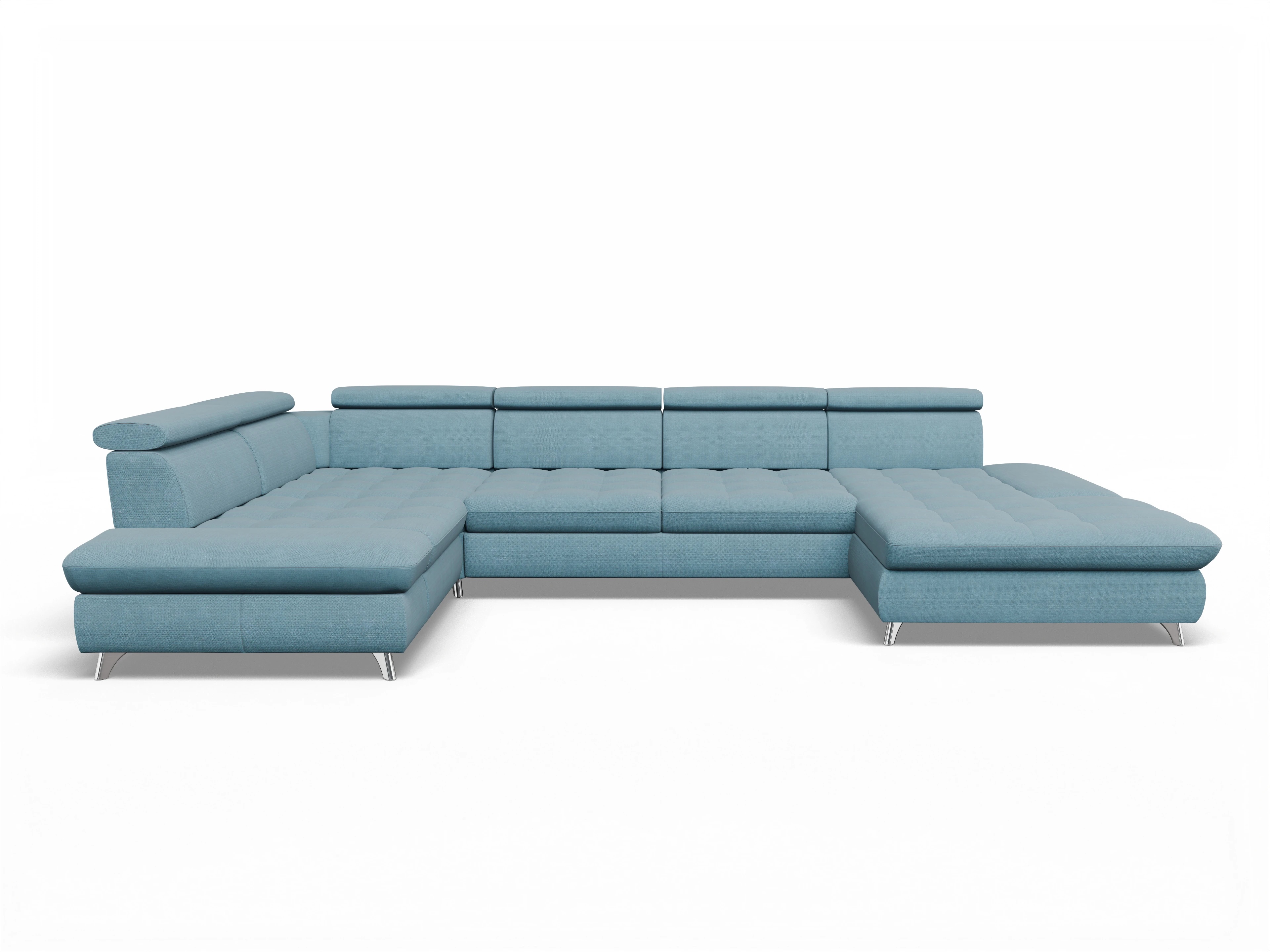 Ansicht des Produktes Memphis Stoff Wohnlandschaft Armlehne links Abschluss offen rechts in Stoff Blau