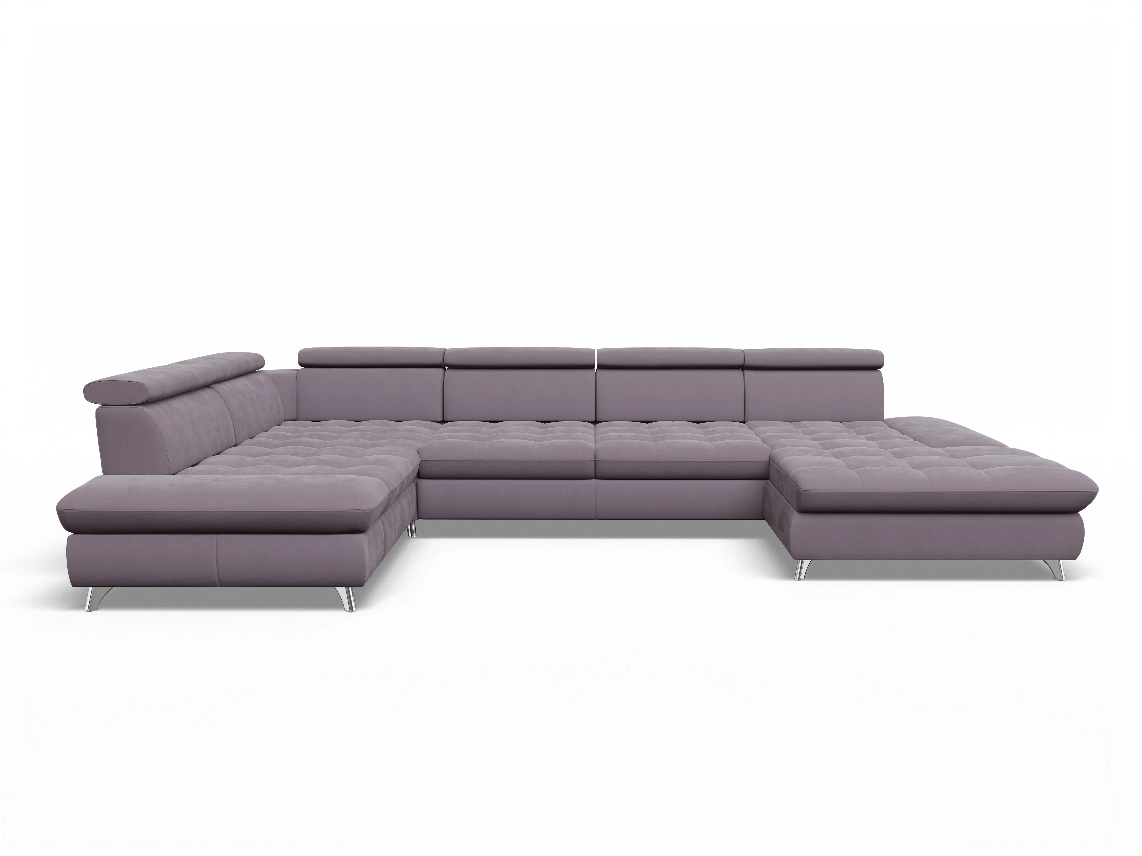 Ansicht des Produktes Memphis Stoff Wohnlandschaft Armlehne links Abschluss offen rechts in Stoff Lila