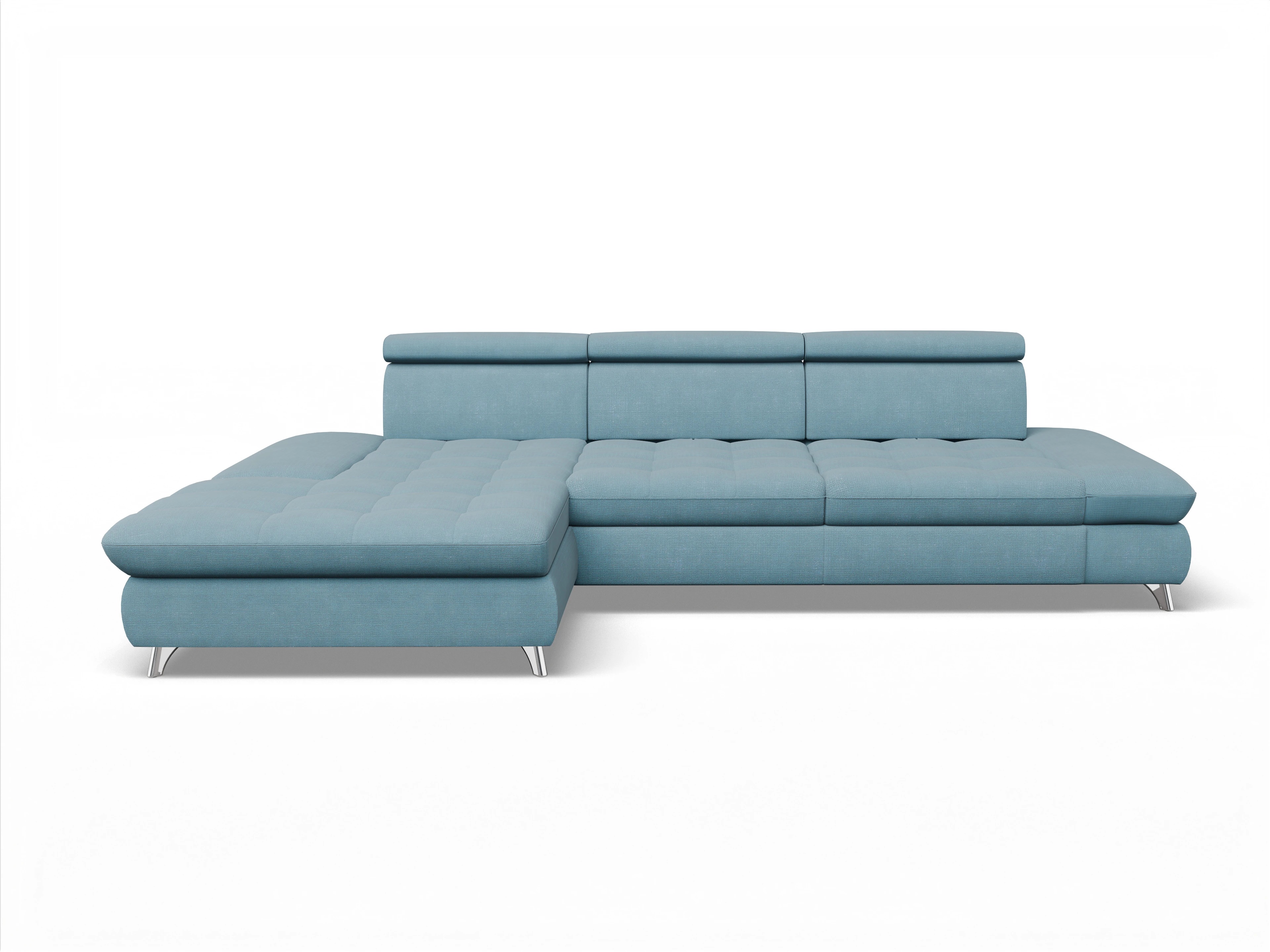 Ansicht des Produktes Memphis Stoff Ecksofa links Abschluss offen in Stoff Blau