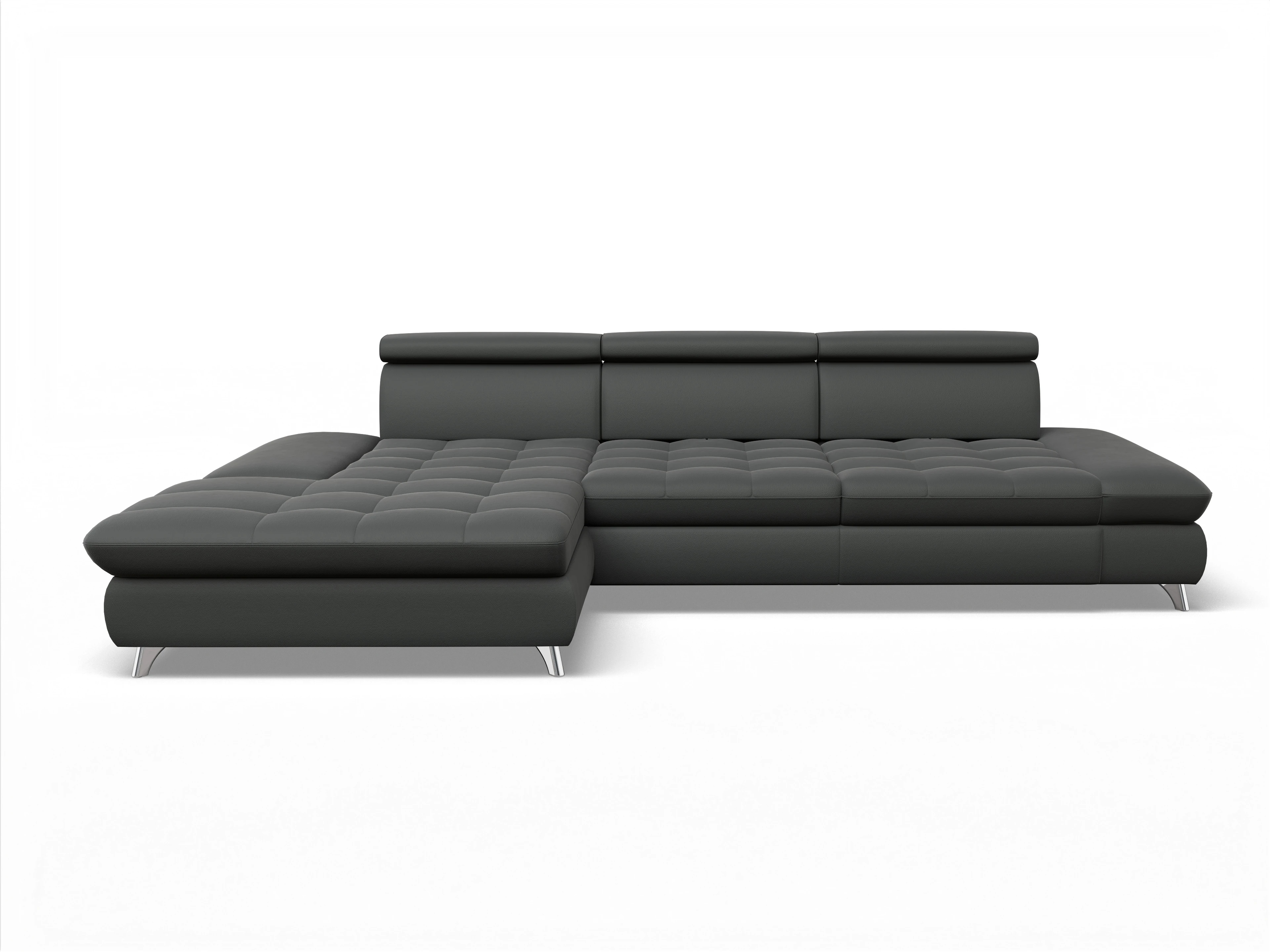 Ansicht des Produktes Memphis Stoff Ecksofa links Abschluss offen in Leder Grau
