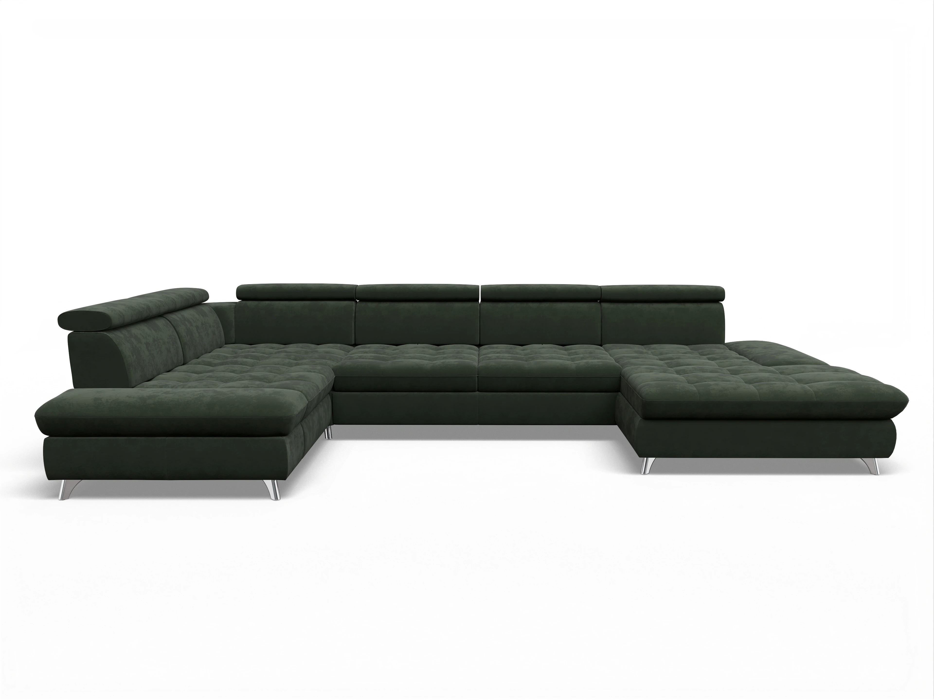 Ansicht des Produktes Memphis Stoff Wohnlandschaft Armlehne links Abschluss offen rechts in Stoff Grün