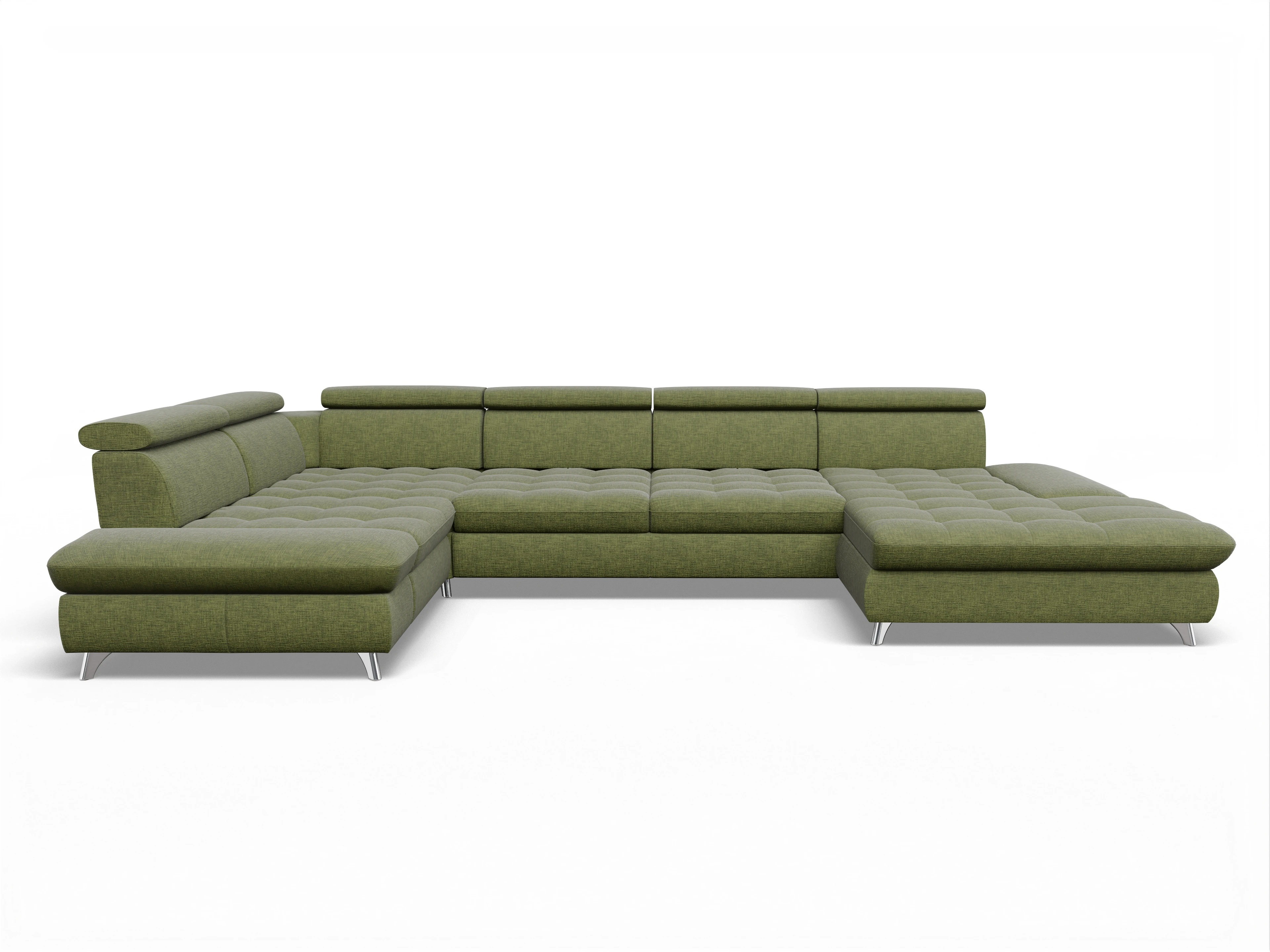 Ansicht des Produktes Memphis Stoff Wohnlandschaft Armlehne links Abschluss offen rechts in Stoff Grün