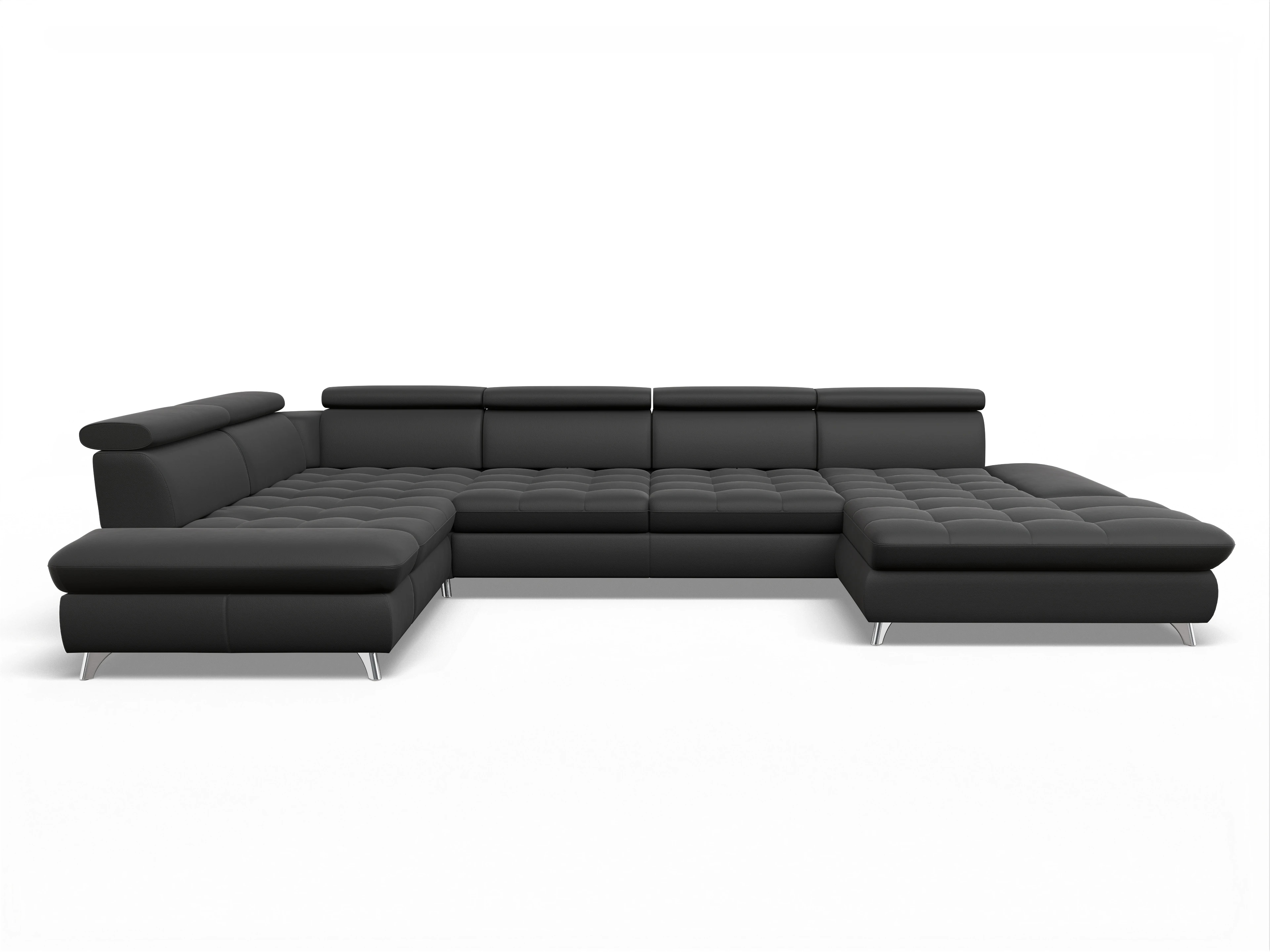 Ansicht des Produktes Memphis Stoff Wohnlandschaft Armlehne links Abschluss offen rechts in Leder Schwarz