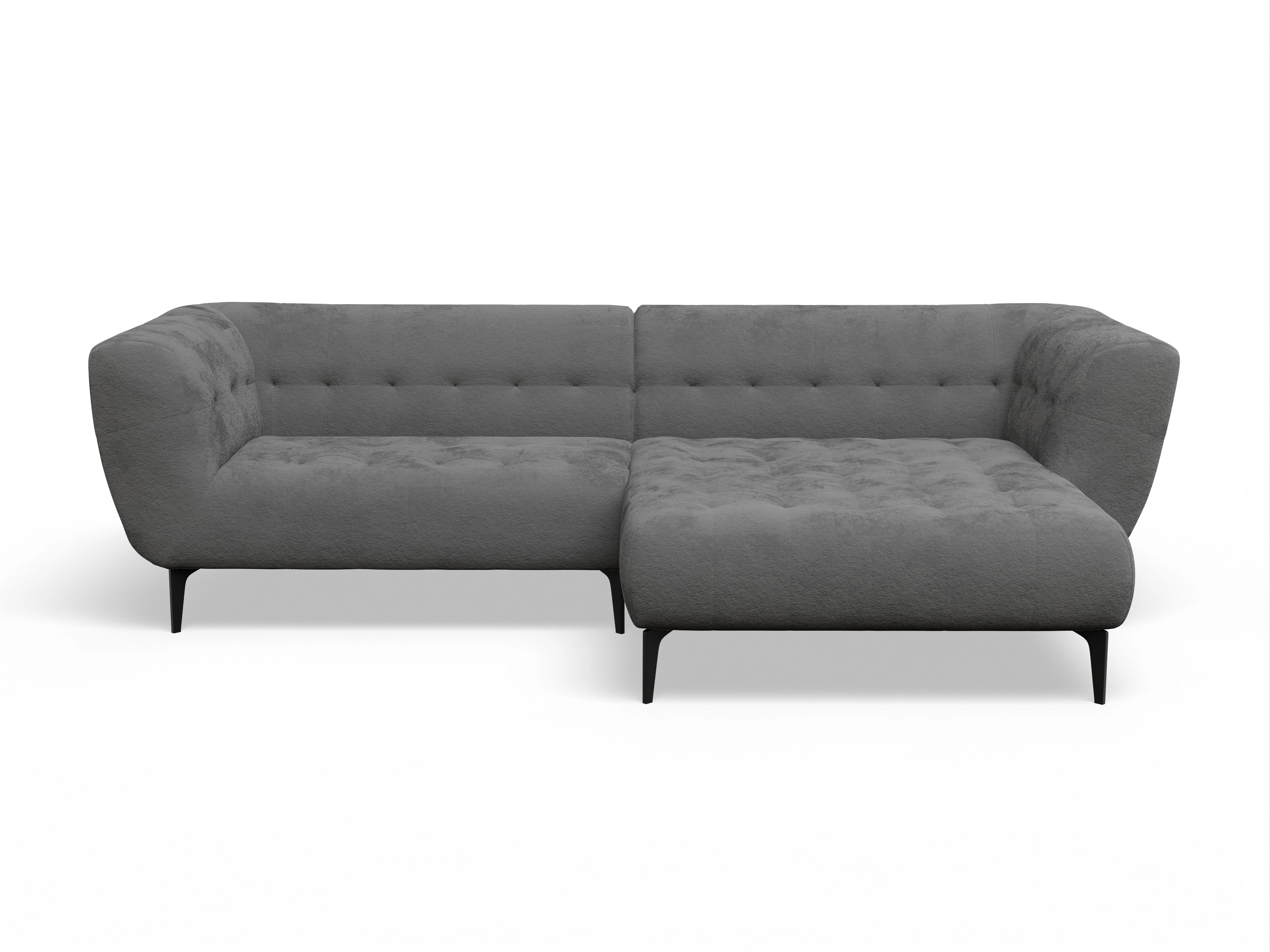 Vera Ecksofa mit Longchair rechts Ansicht des Produktes Vera Ecksofa rechts Abschluss offen in Stoff Grau