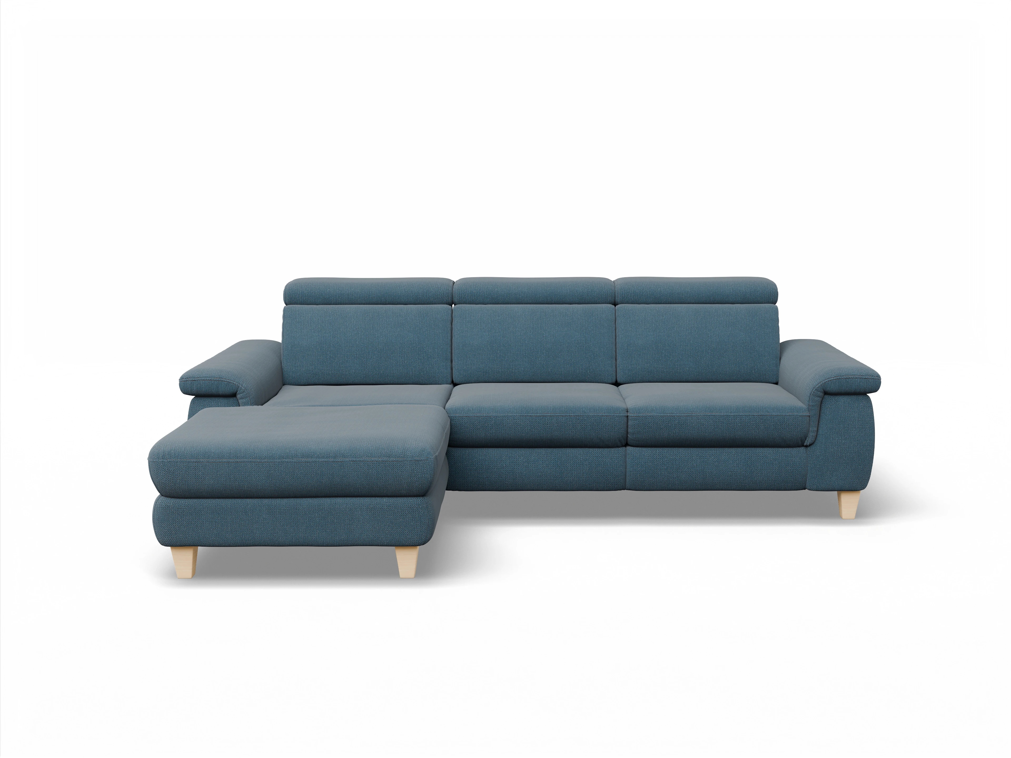 München LO Medium L Ansicht des Produktes München Ecksofa links Abschluss offen in Stoff Blau