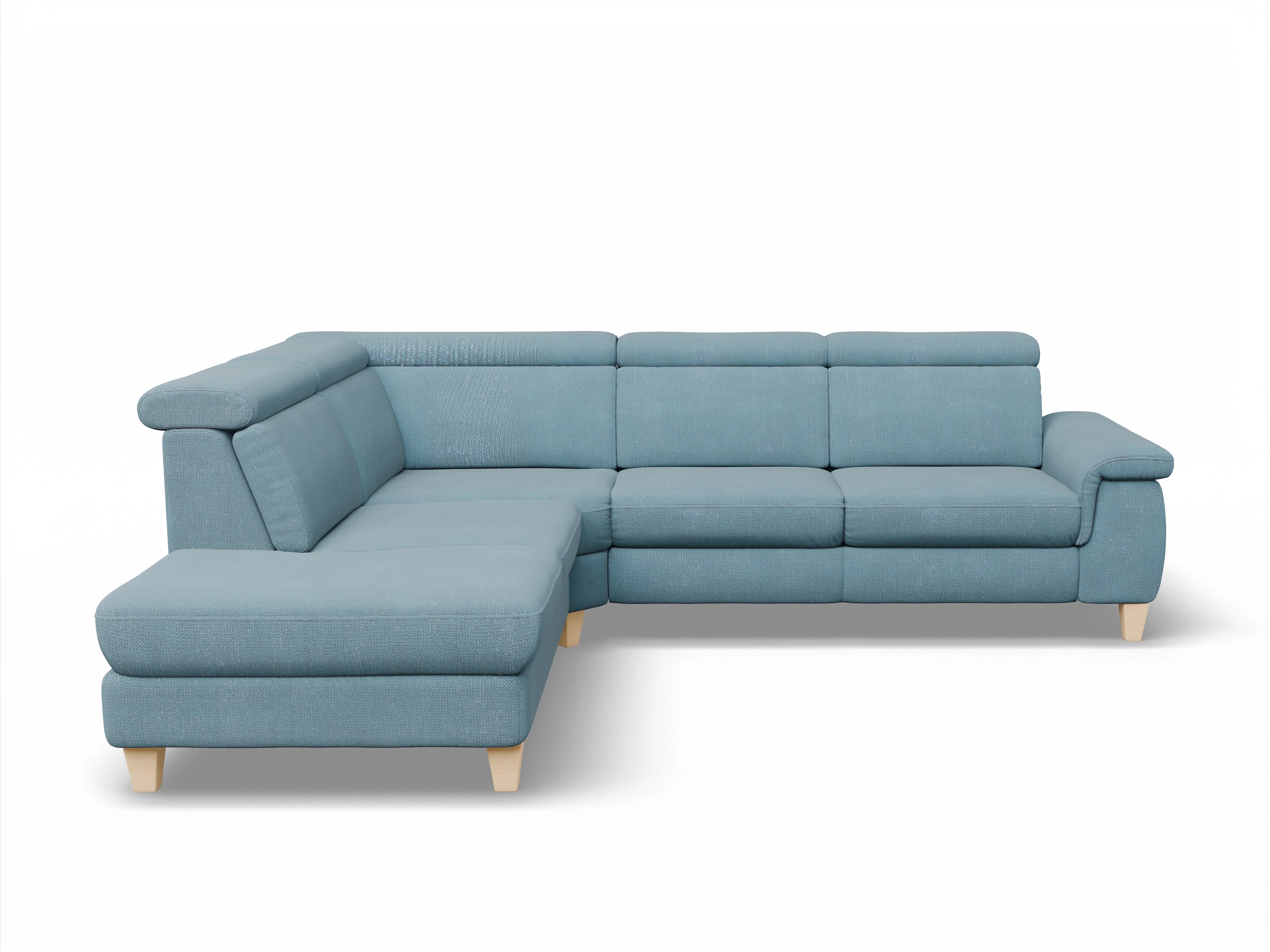 Ansicht des Produktes München Ecksofa links Abschluss offen in Stoff Blau