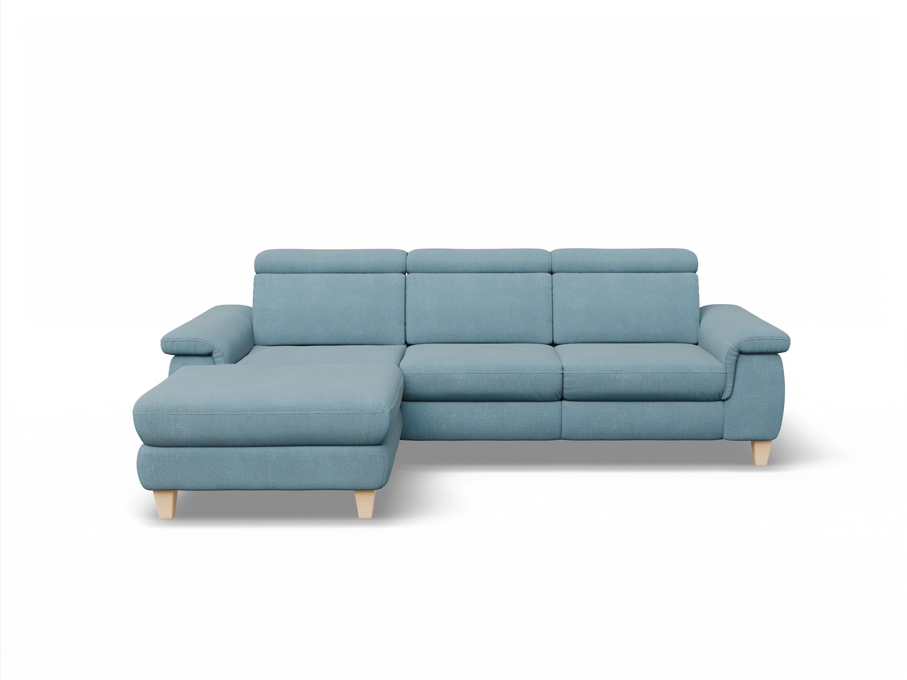 München LO Medium L Ansicht des Produktes München Ecksofa links Abschluss offen in Stoff Blau