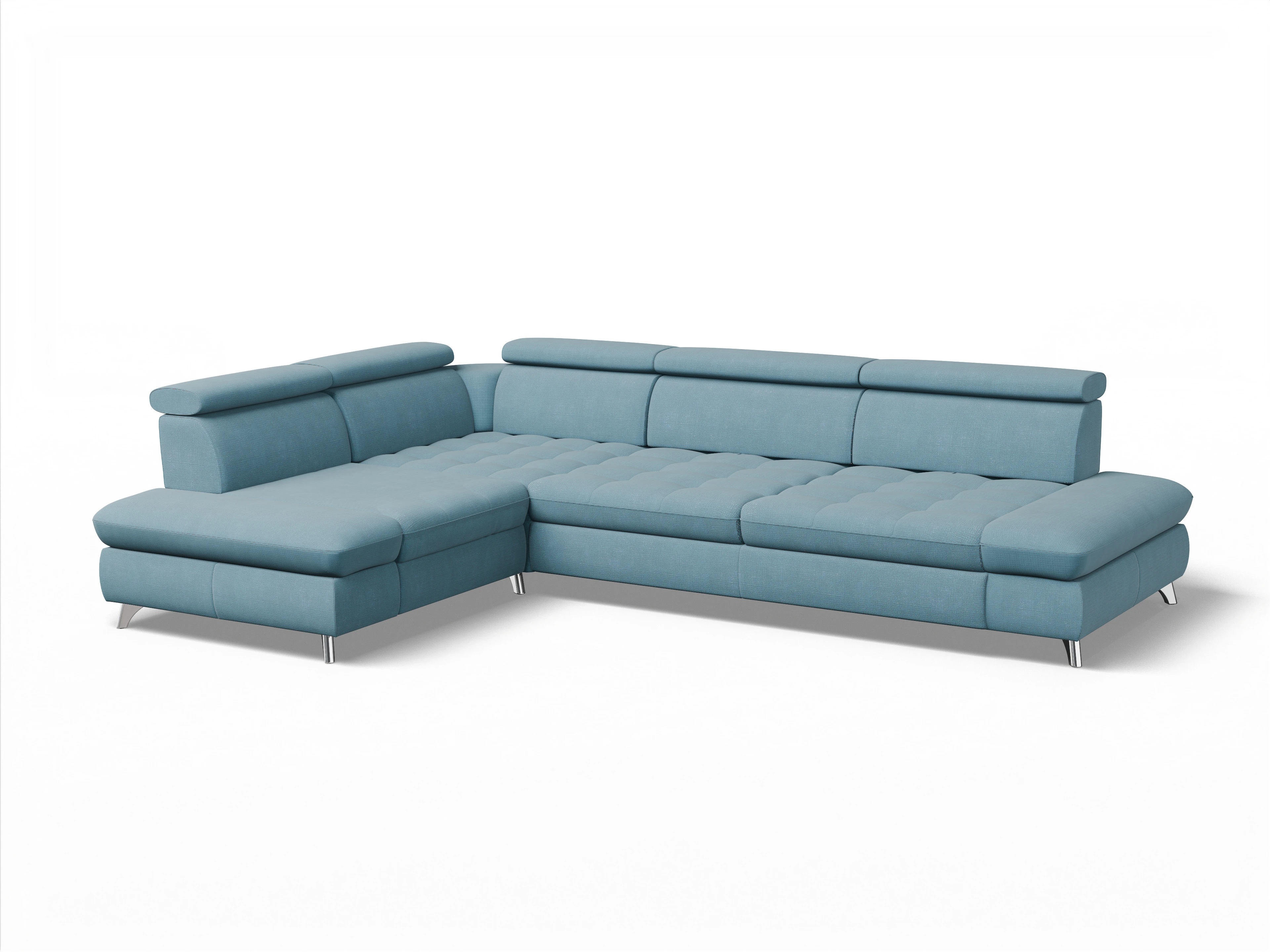 Ansicht des Produktes Memphis Stoff Ecksofa links mit Armlehne in Stoff Blau