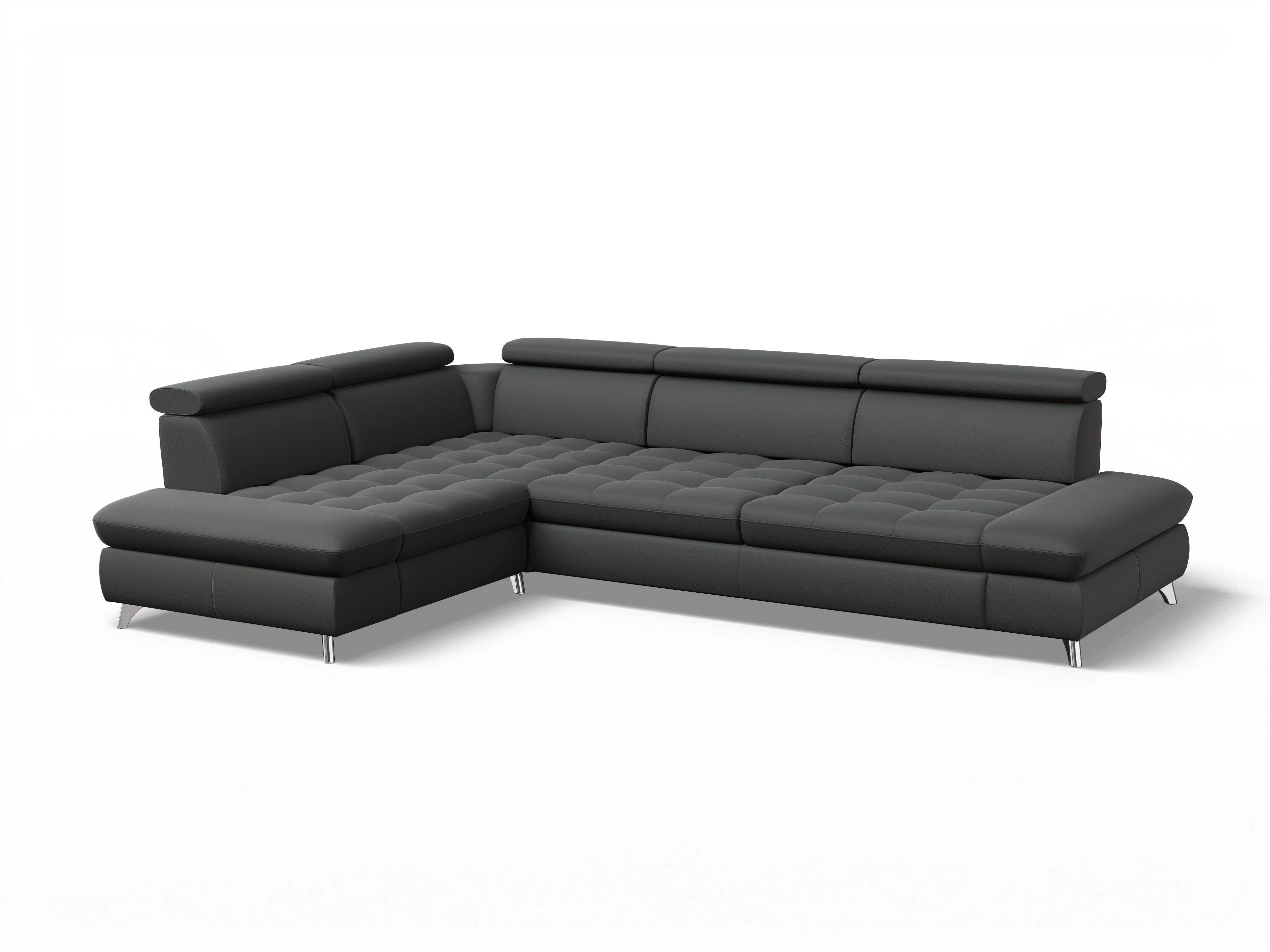 Ansicht des Produktes Memphis Stoff Ecksofa links mit Armlehne in Leder Grau