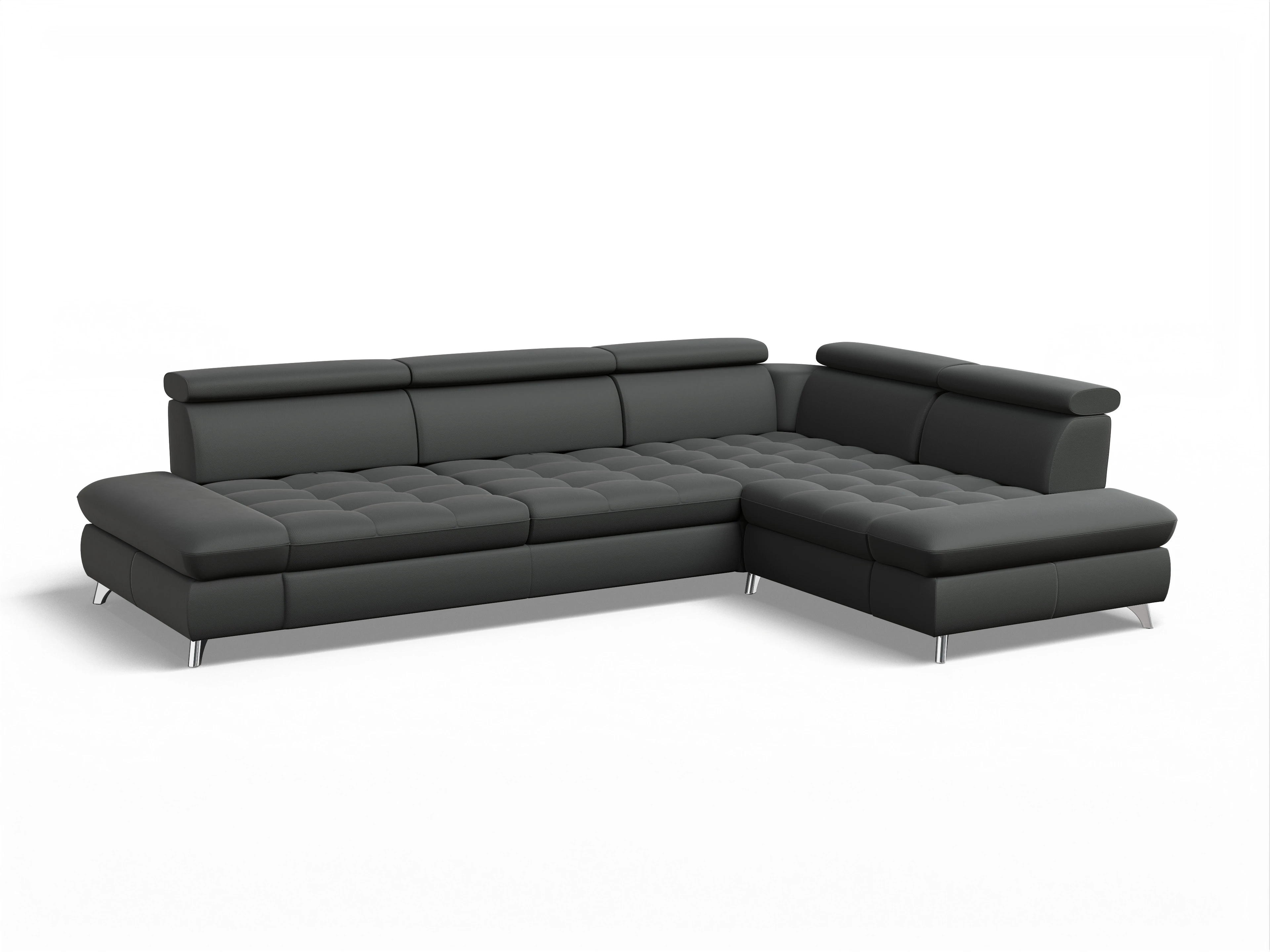 Ansicht des Produktes Memphis Stoff Ecksofa rechts mit Armlehne in Leder Grau