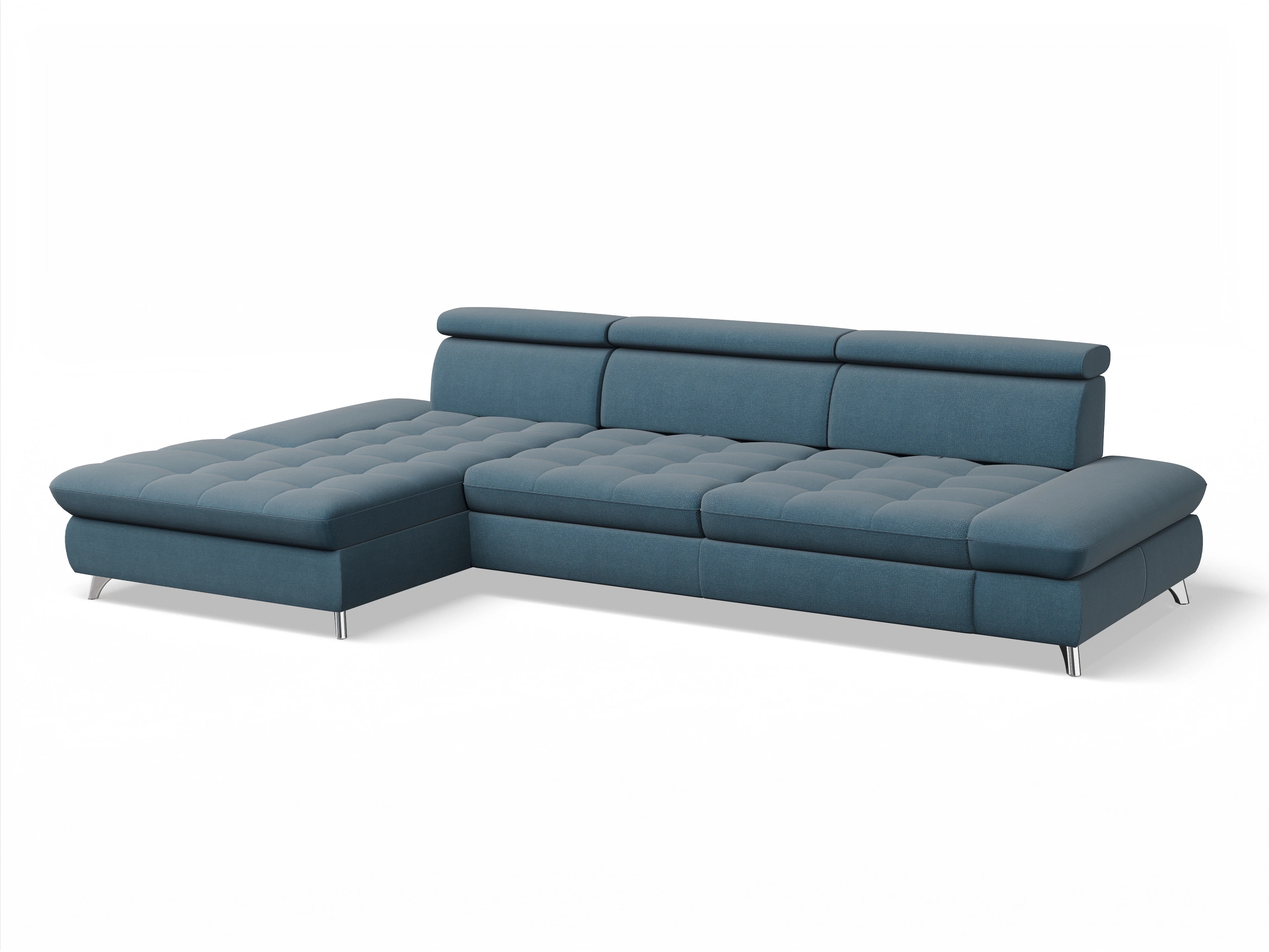 Ansicht des Produktes Memphis Stoff Ecksofa links Abschluss offen in Stoff Blau