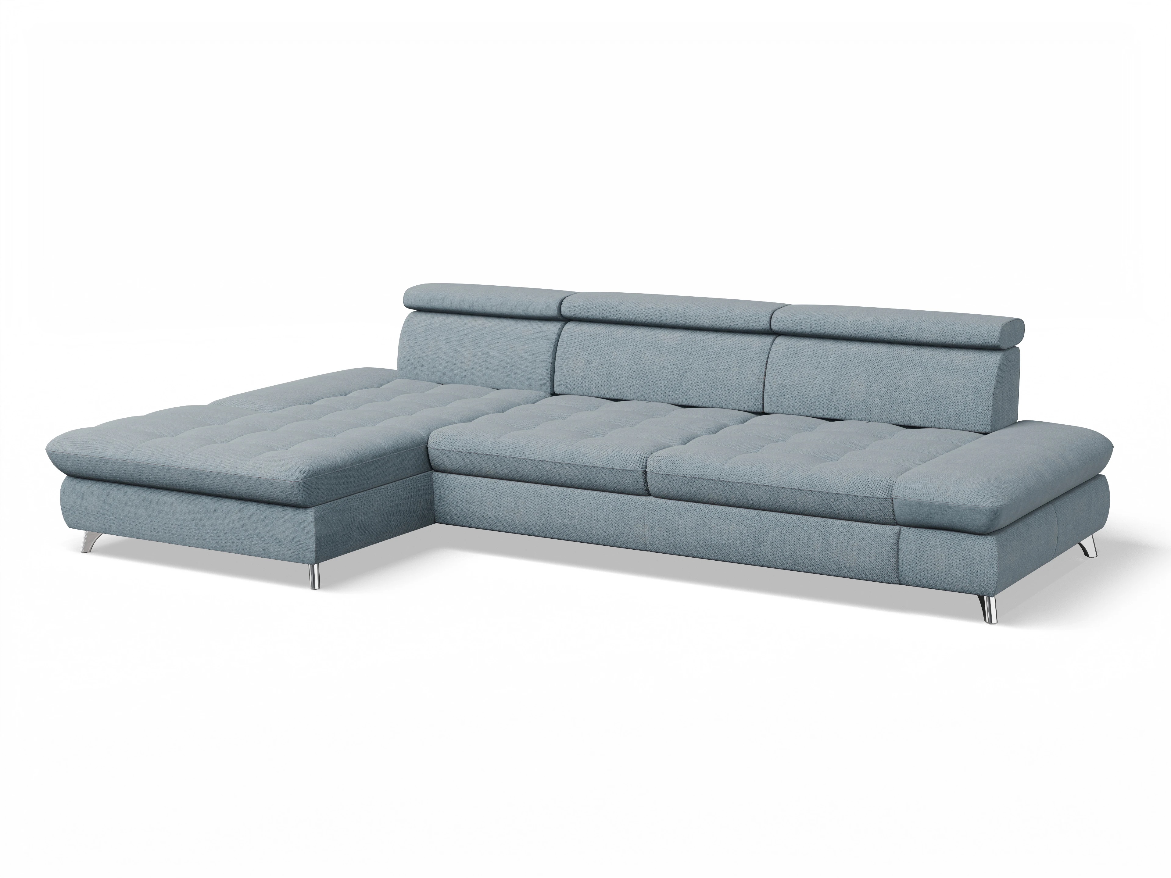 Ansicht des Produktes Memphis Stoff Ecksofa links Abschluss offen in Stoff Blau