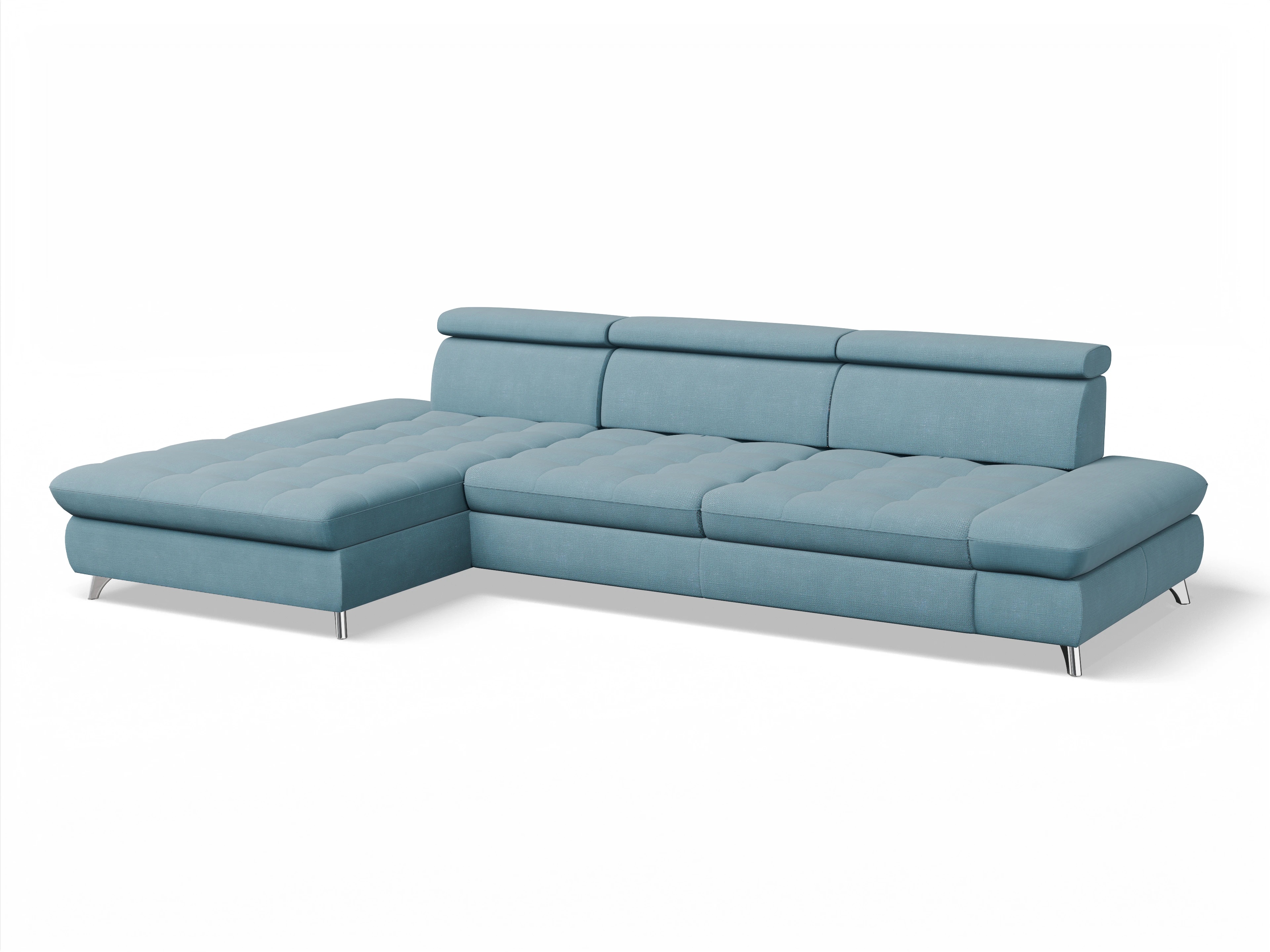 Ansicht des Produktes Memphis Stoff Ecksofa links Abschluss offen in Stoff Blau