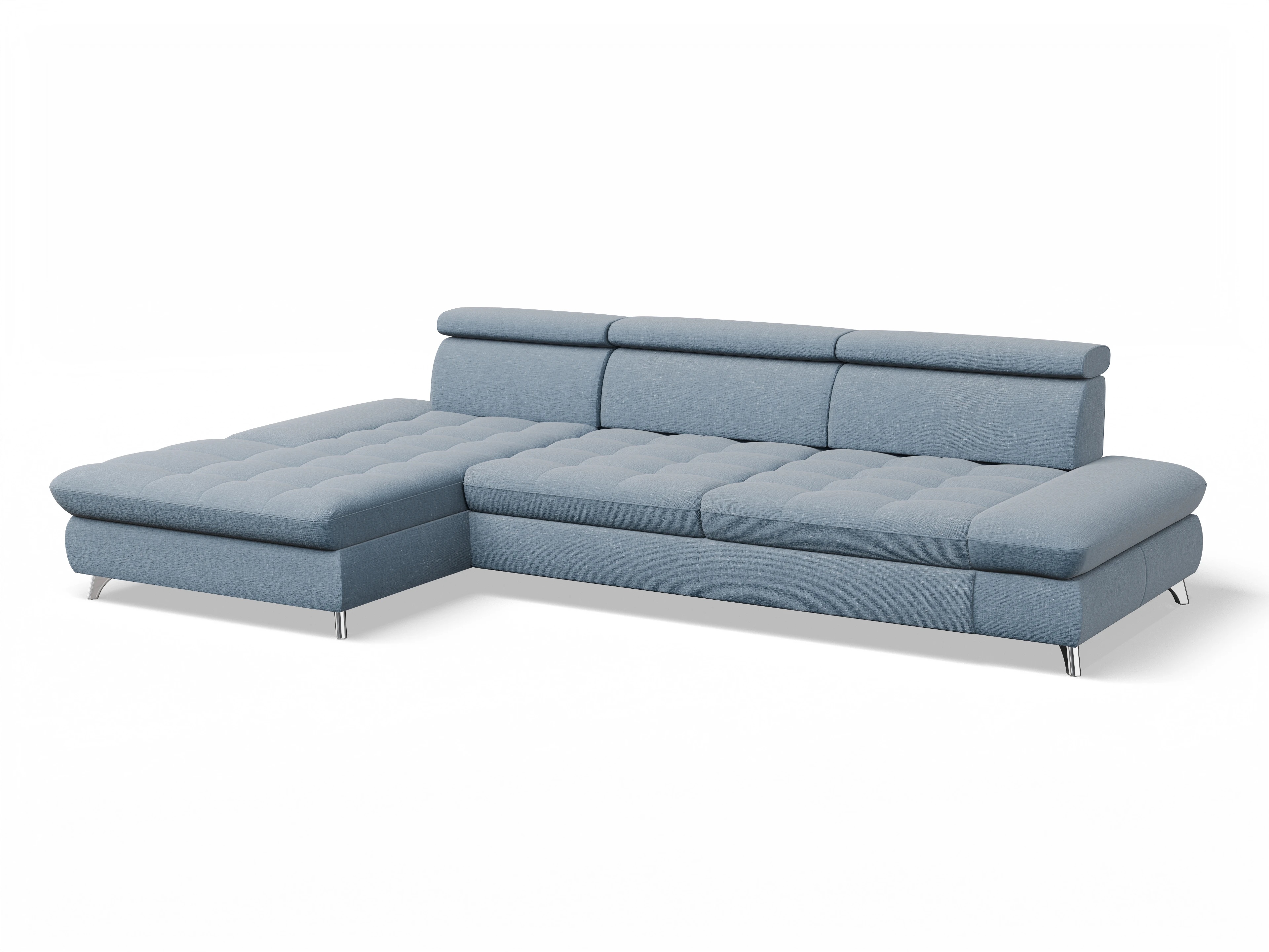 Ansicht des Produktes Memphis Stoff Ecksofa links Abschluss offen in Stoff Blau