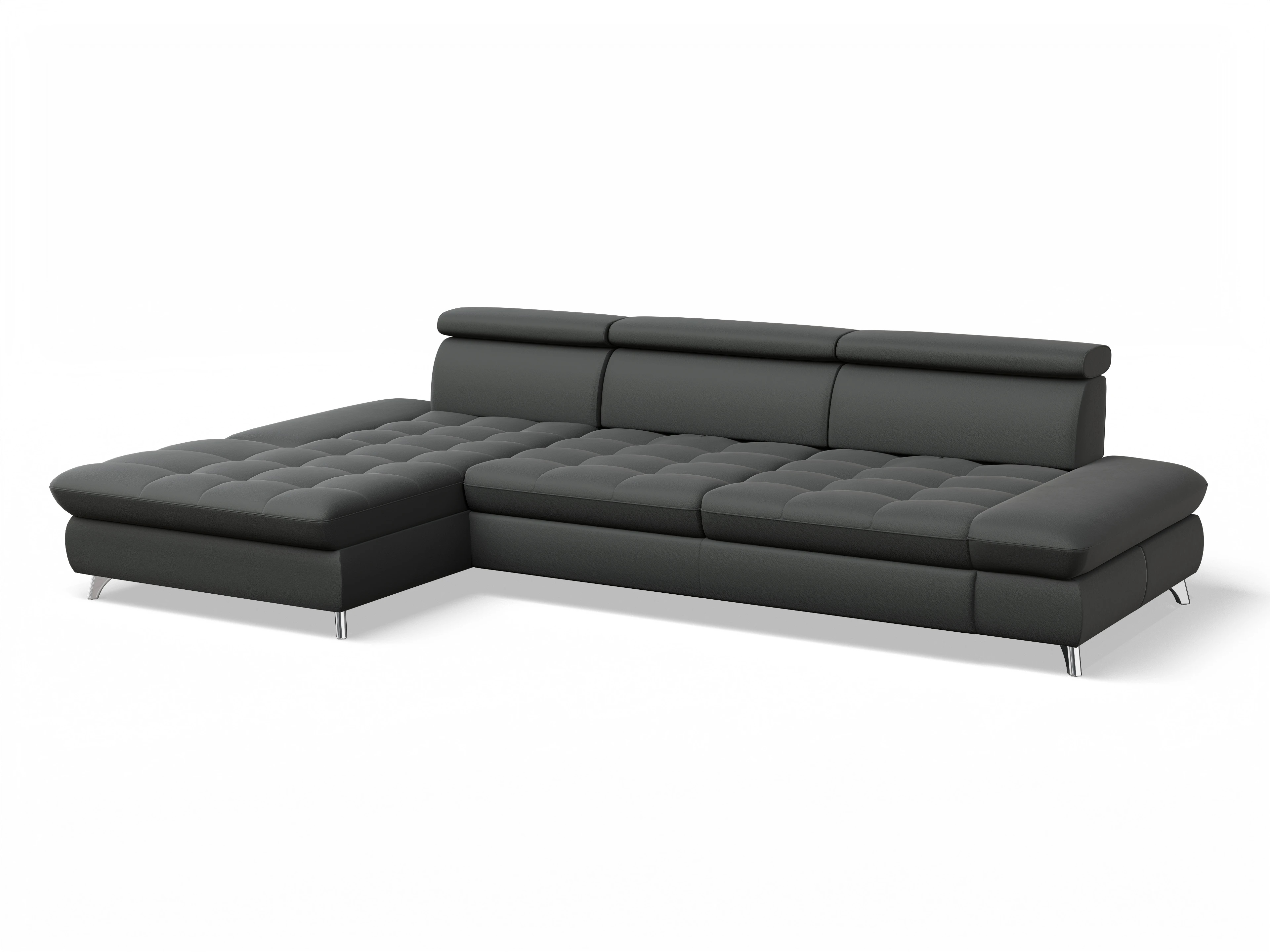 Ansicht des Produktes Memphis Stoff Ecksofa links Abschluss offen in Leder Grau