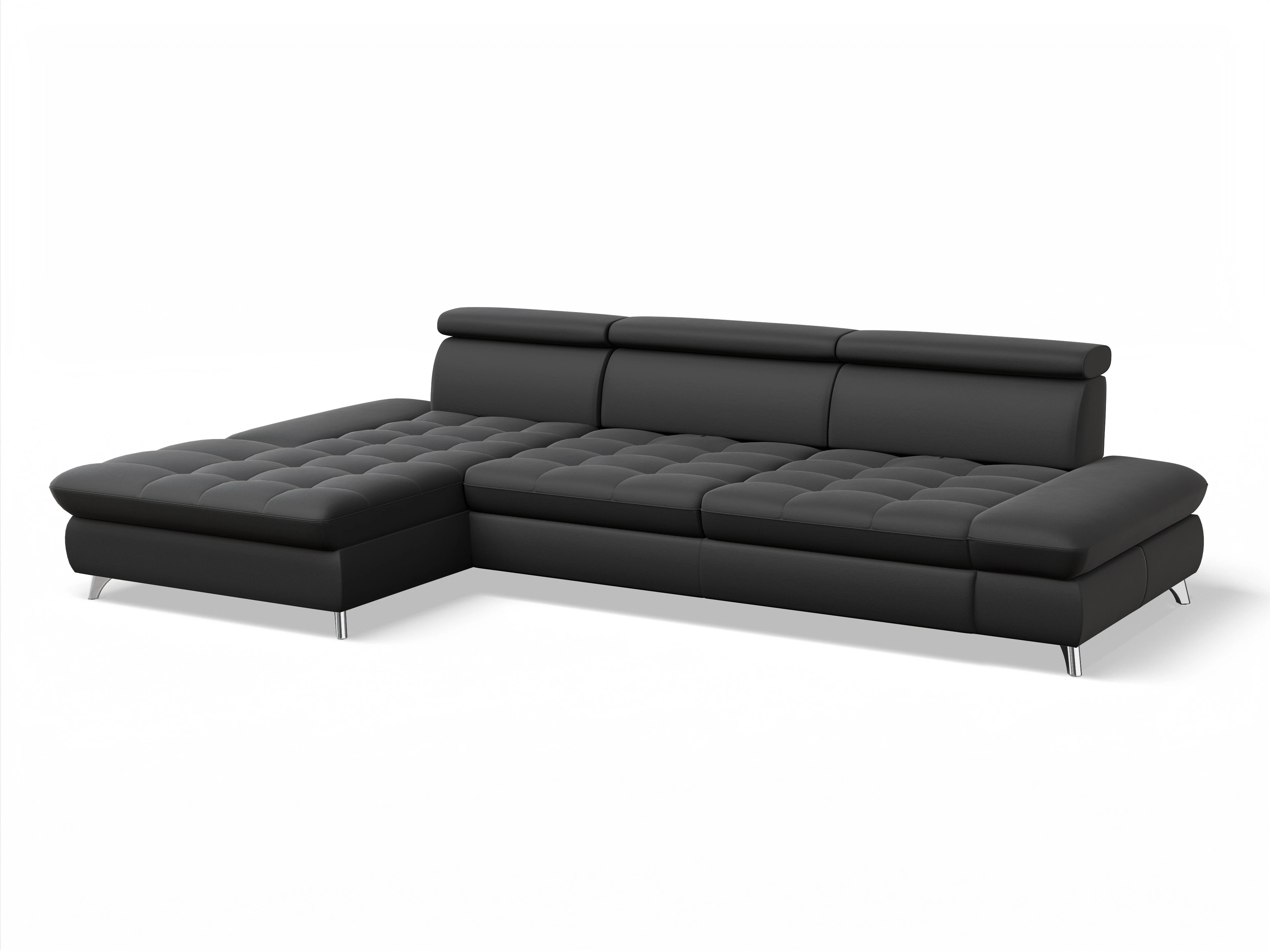 Ansicht des Produktes Memphis Stoff Ecksofa links Abschluss offen in Leder Schwarz