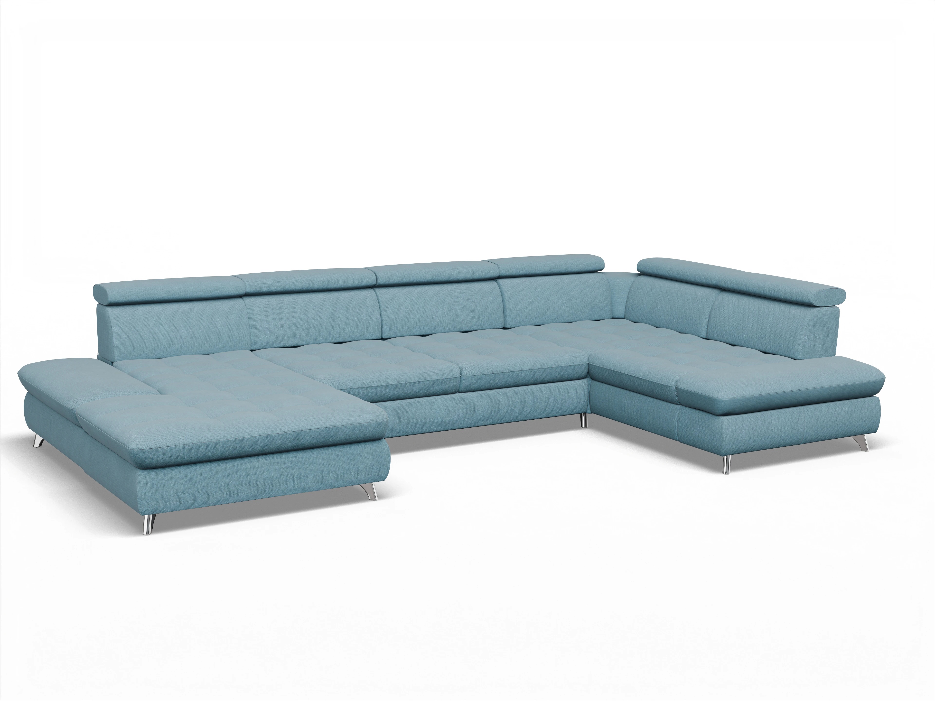 Ansicht des Produktes Memphis Stoff Wohnlandschaft Armlehne rechts Abschluss offen links in Stoff Blau