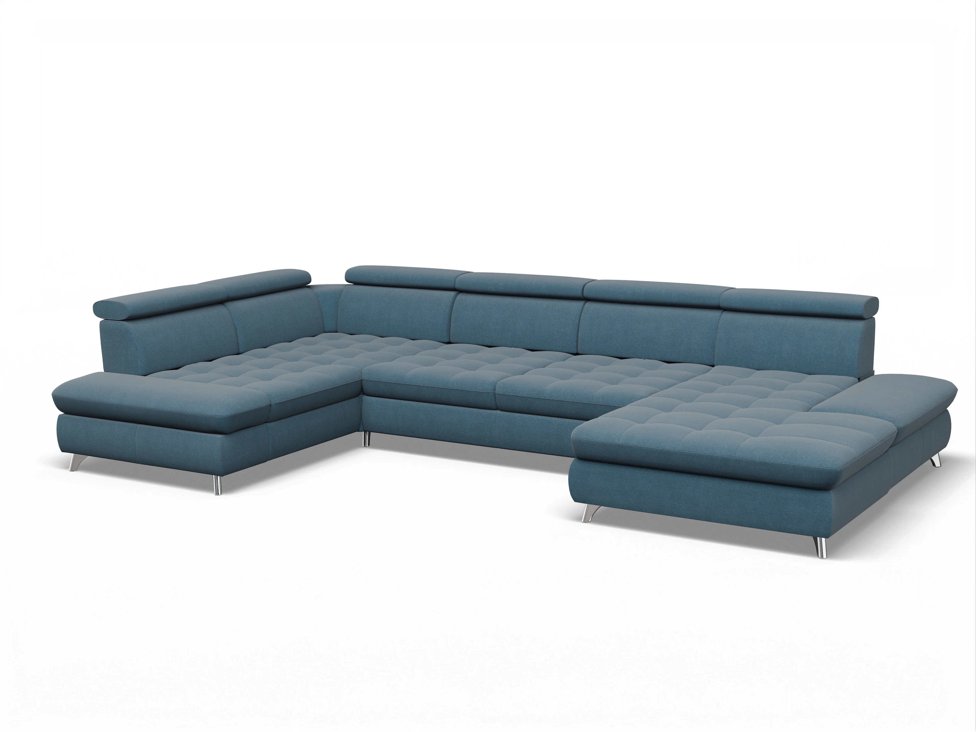 Ansicht des Produktes Memphis Stoff Wohnlandschaft Armlehne links Abschluss offen rechts in Stoff Blau