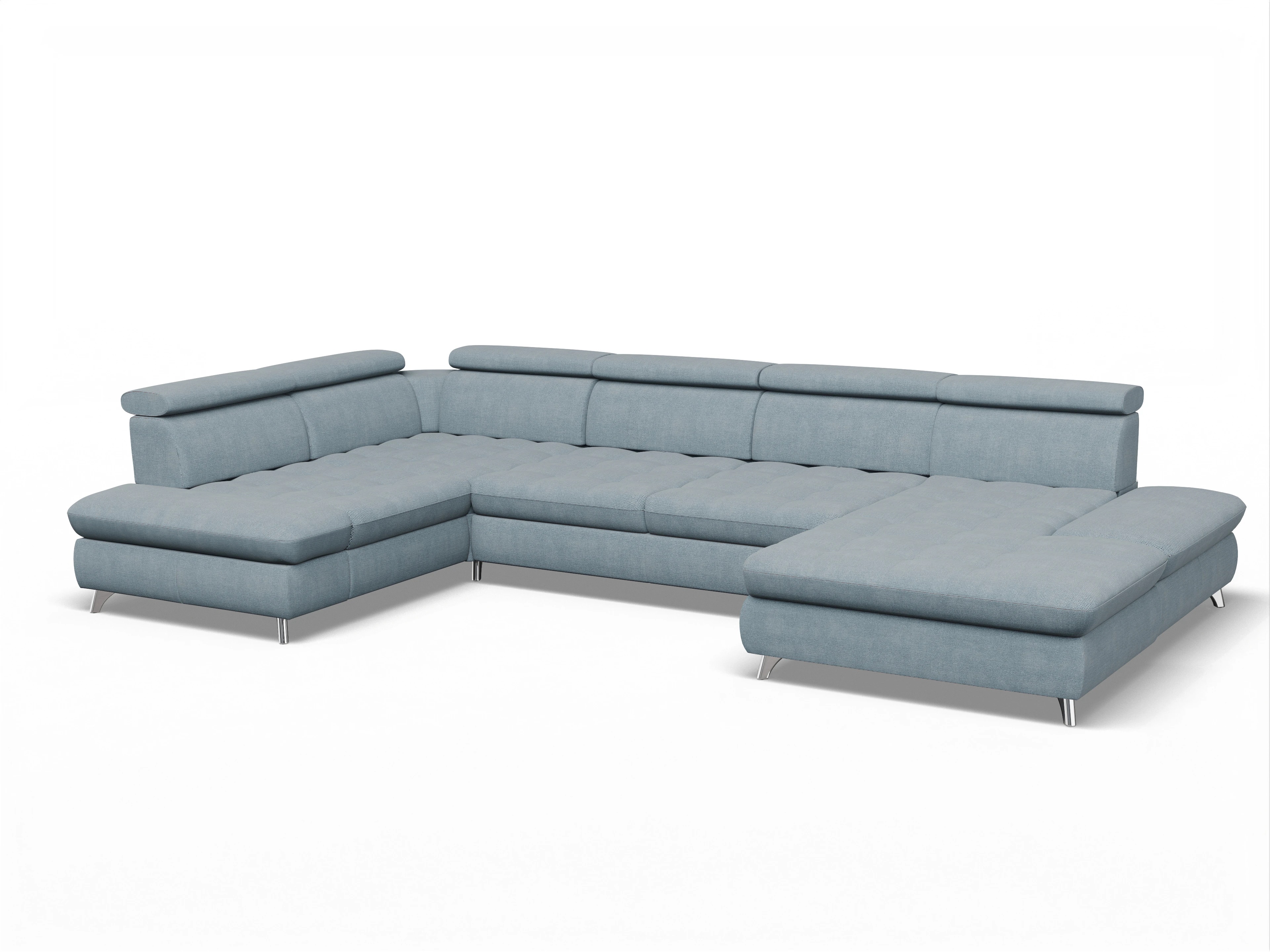 Ansicht des Produktes Memphis Stoff Wohnlandschaft Armlehne links Abschluss offen rechts in Stoff Blau