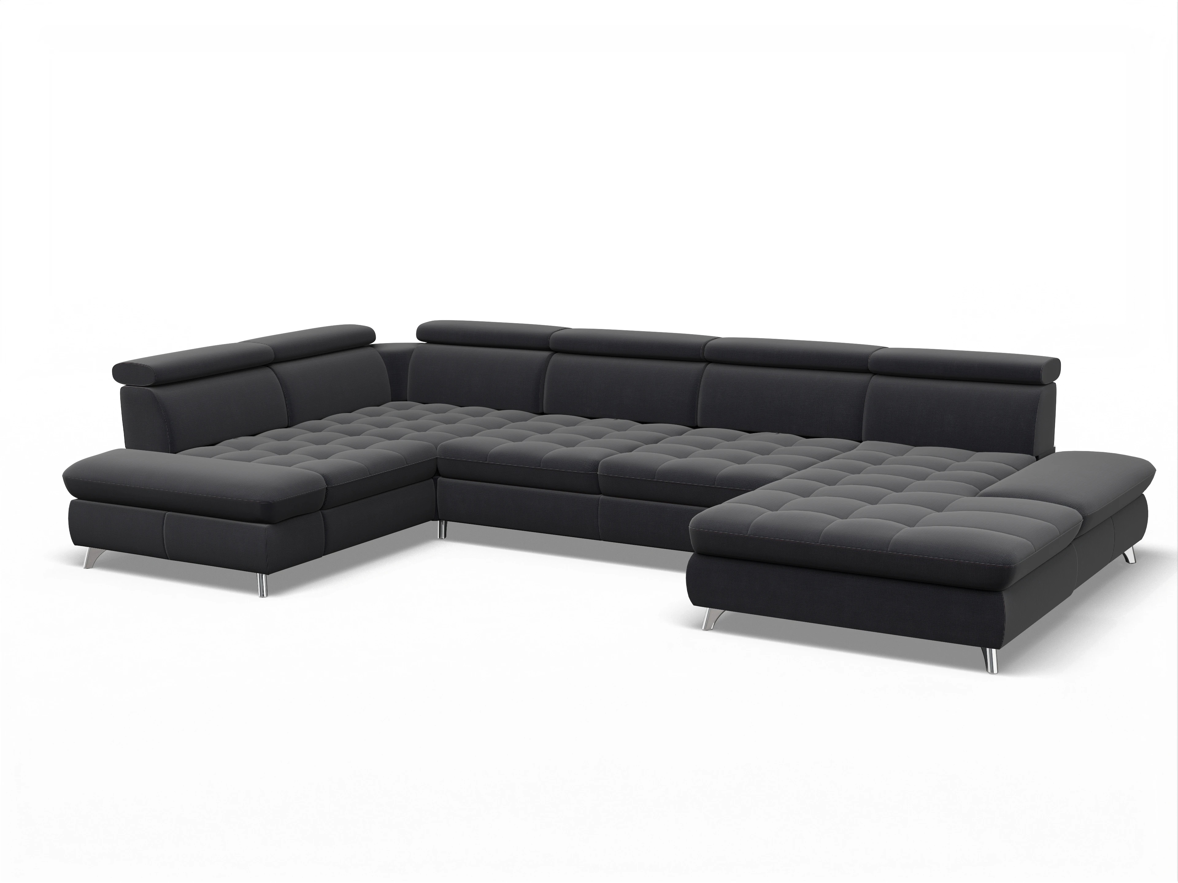 Ansicht des Produktes Memphis Stoff Wohnlandschaft Armlehne links Abschluss offen rechts in Stoff Blau