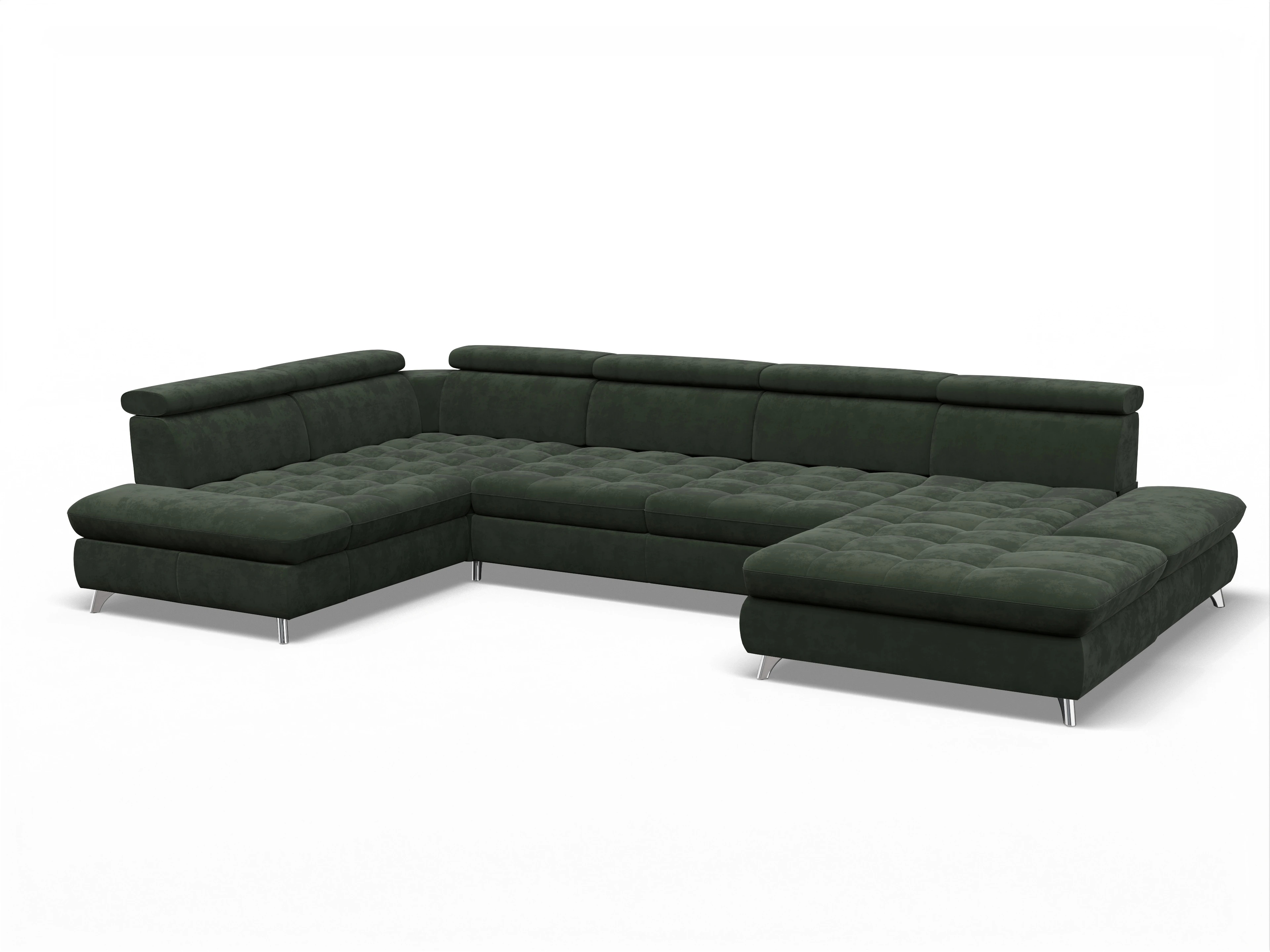 Ansicht des Produktes Memphis Stoff Wohnlandschaft Armlehne links Abschluss offen rechts in Stoff Grün