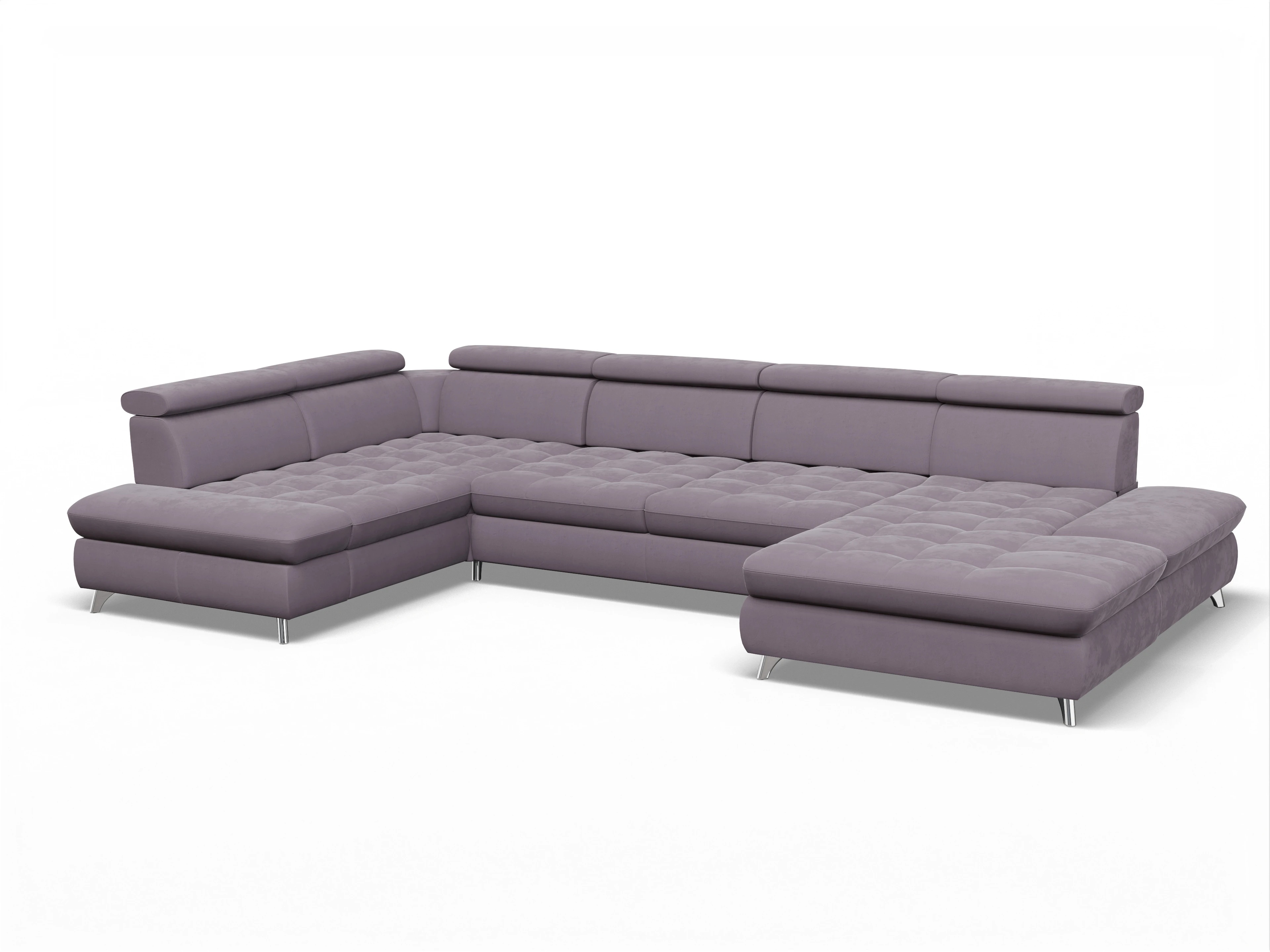 Ansicht des Produktes Memphis Stoff Wohnlandschaft Armlehne links Abschluss offen rechts in Stoff Lila