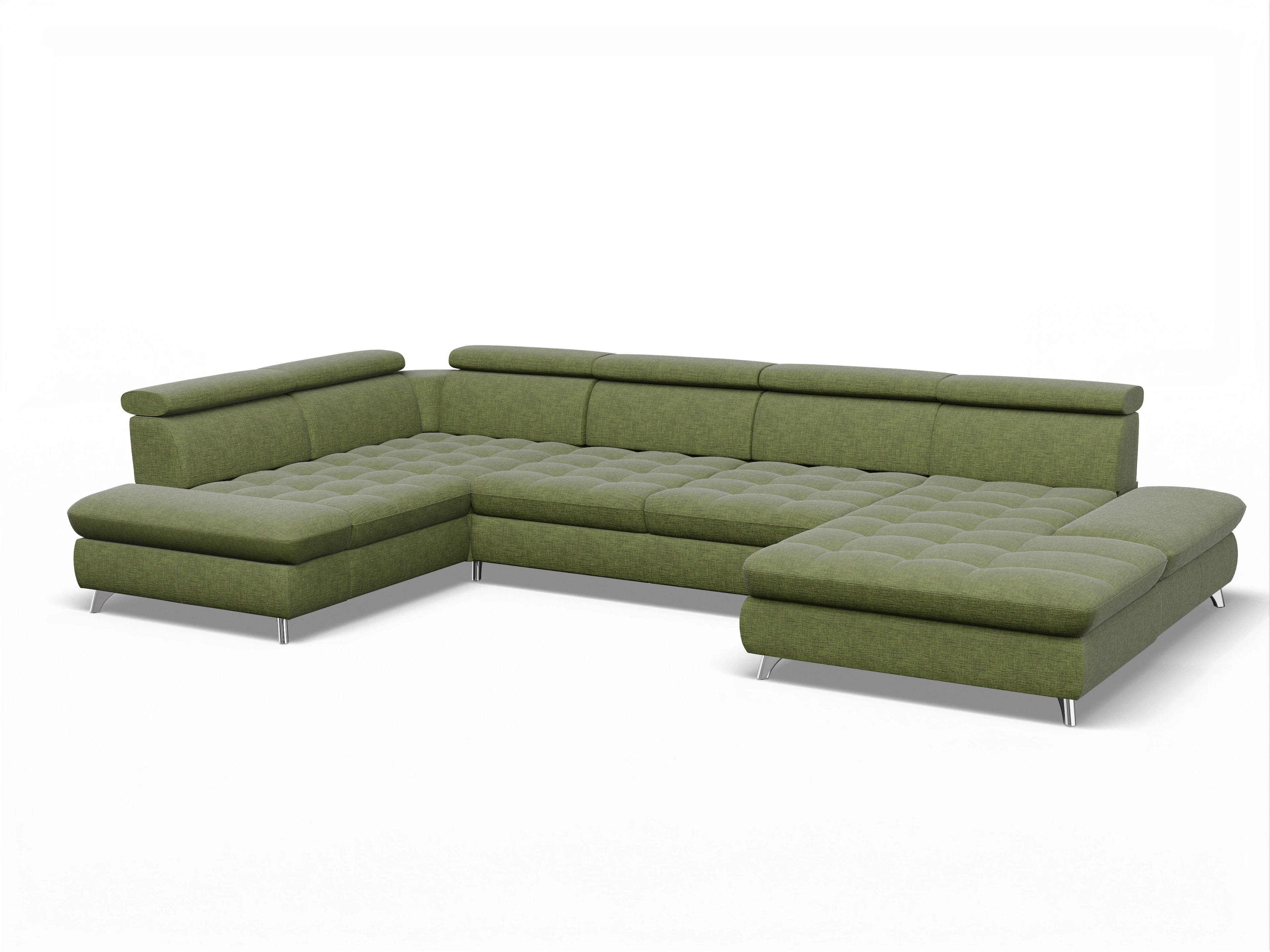 Ansicht des Produktes Memphis Stoff Wohnlandschaft Armlehne links Abschluss offen rechts in Stoff Grün