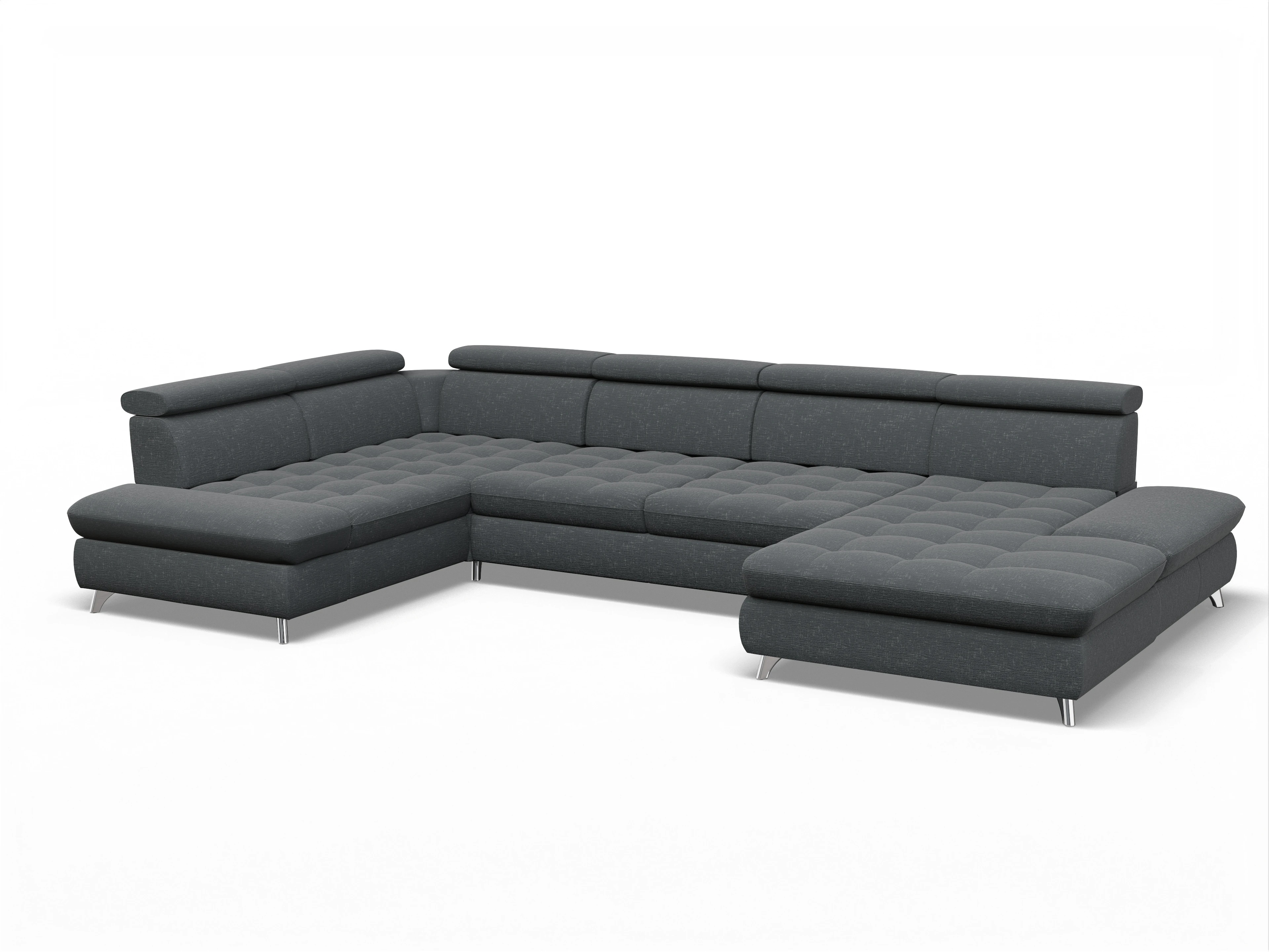 Ansicht des Produktes Memphis Stoff Wohnlandschaft Armlehne links Abschluss offen rechts in Stoff Grau