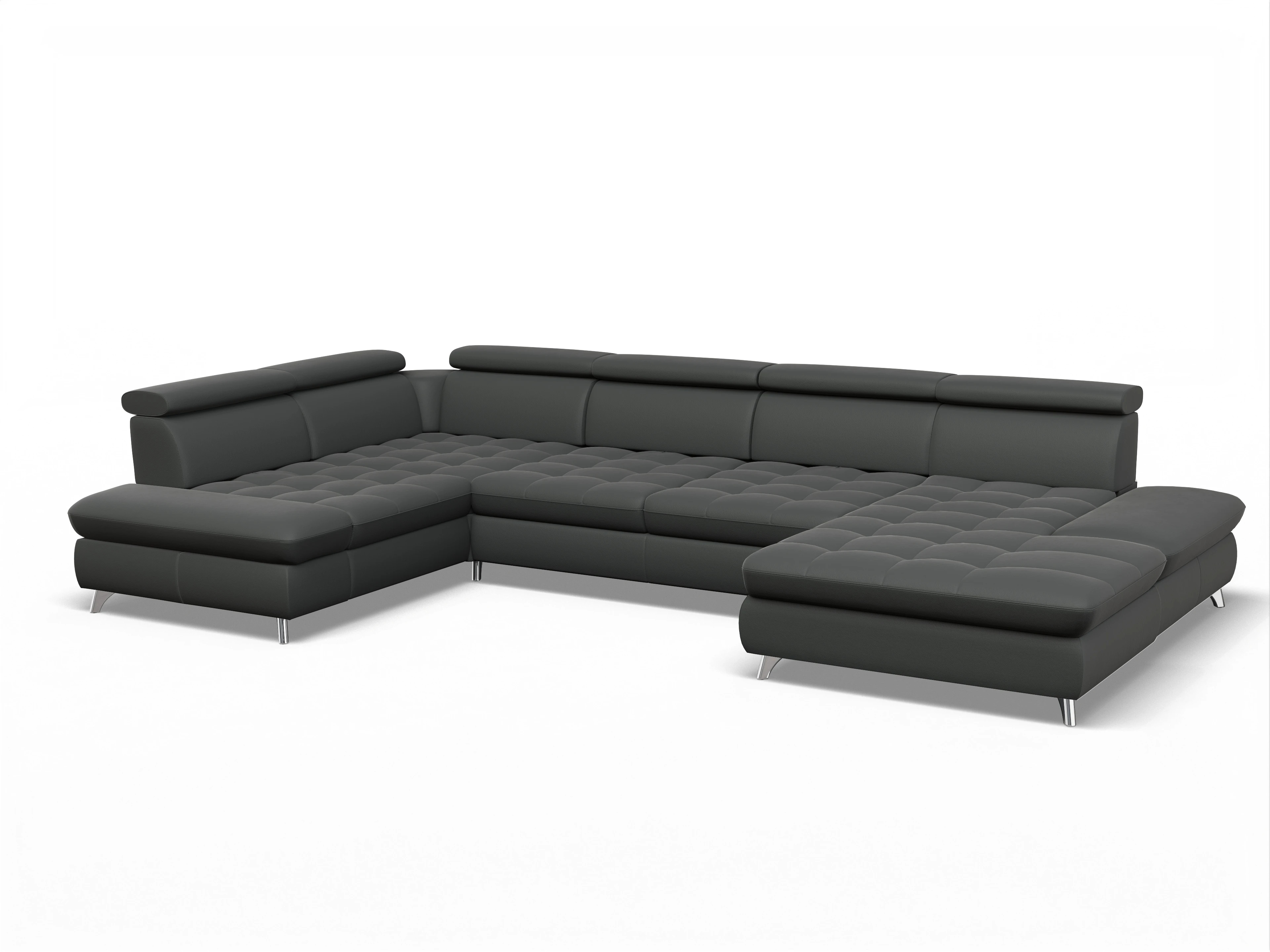 Ansicht des Produktes Memphis Stoff Wohnlandschaft Armlehne links Abschluss offen rechts in Leder Grau