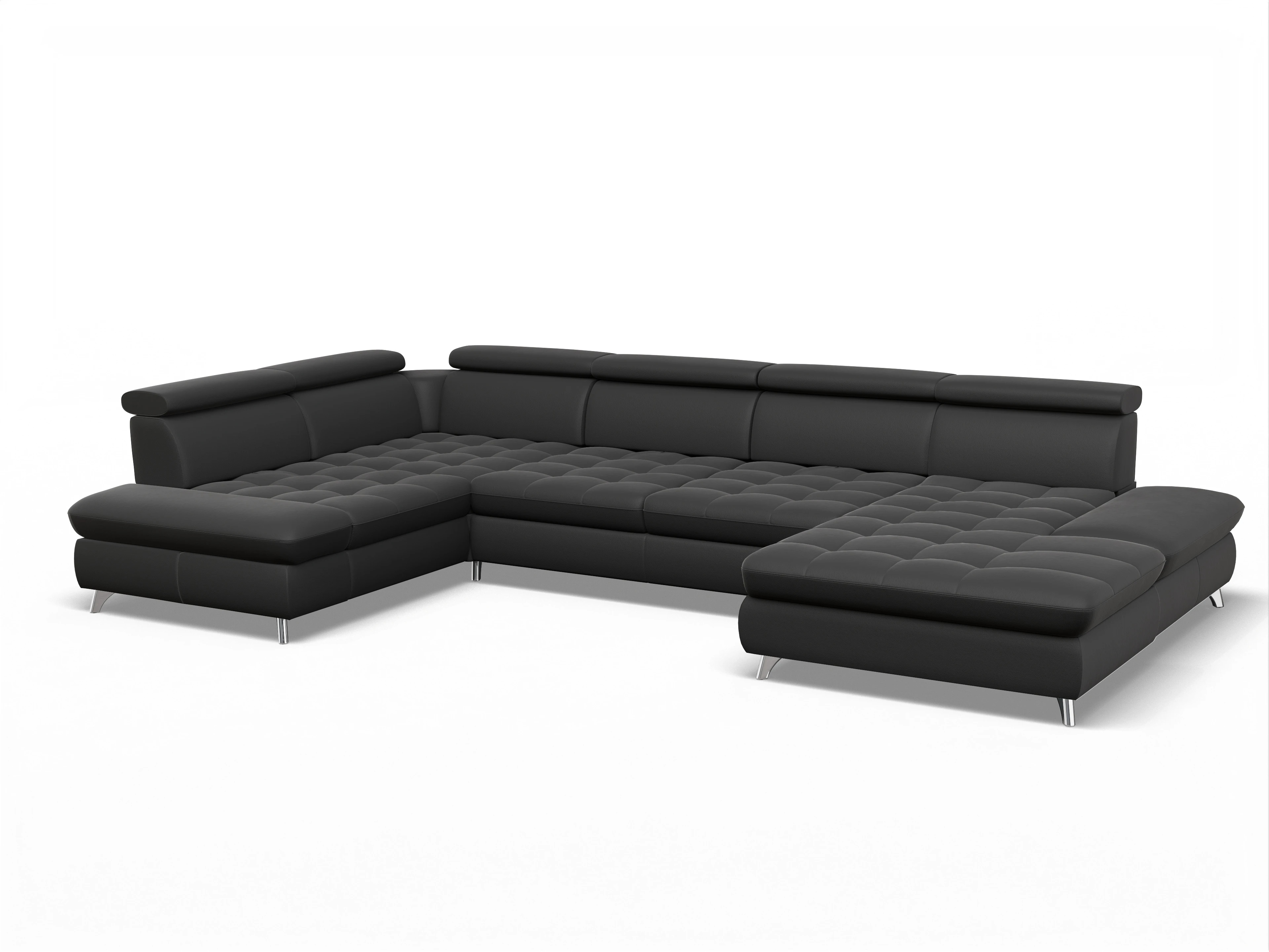 Ansicht des Produktes Memphis Stoff Wohnlandschaft Armlehne links Abschluss offen rechts in Leder Schwarz