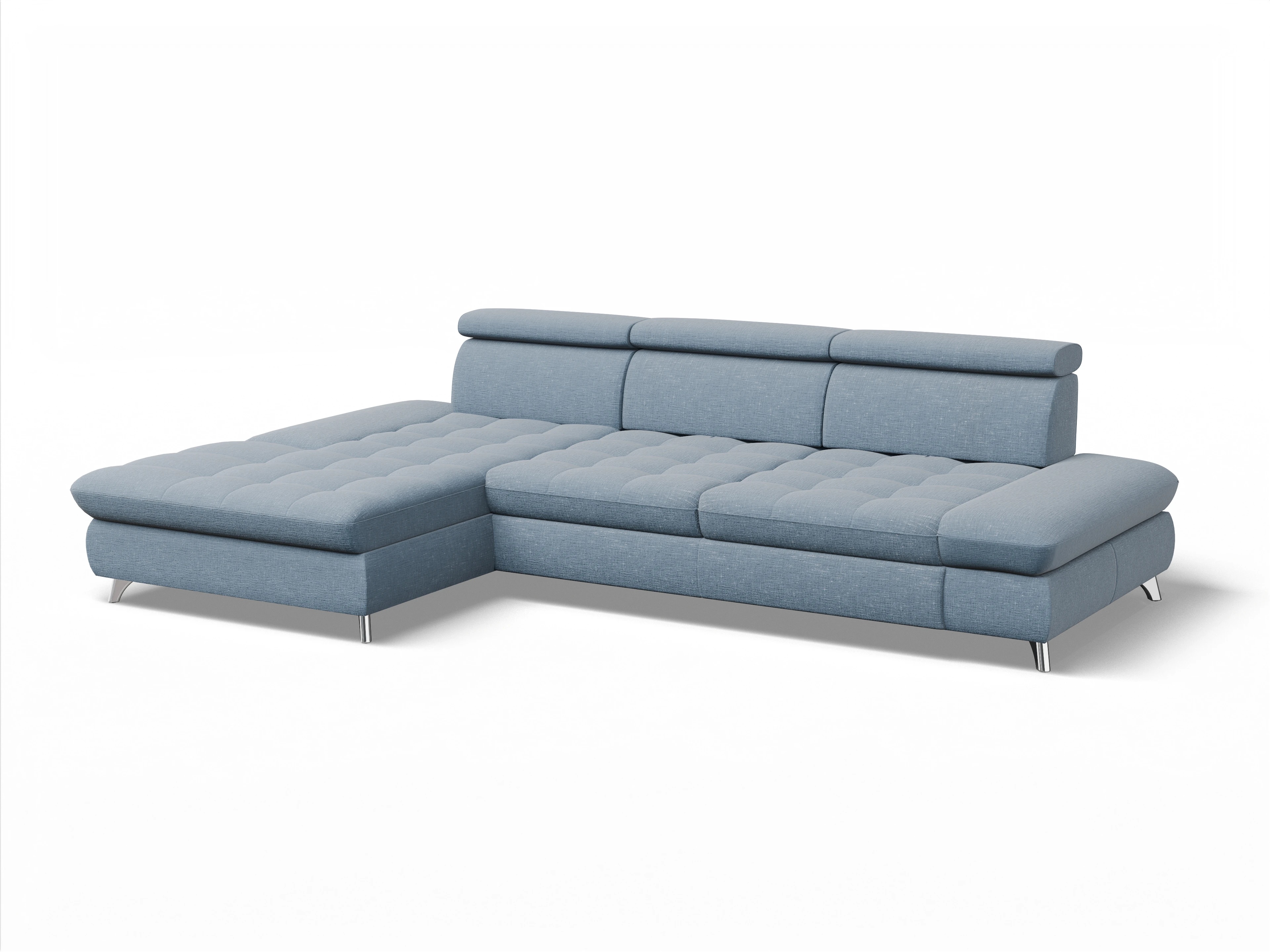 Ansicht des Produktes Memphis Stoff Ecksofa links Abschluss offen in Stoff Blau