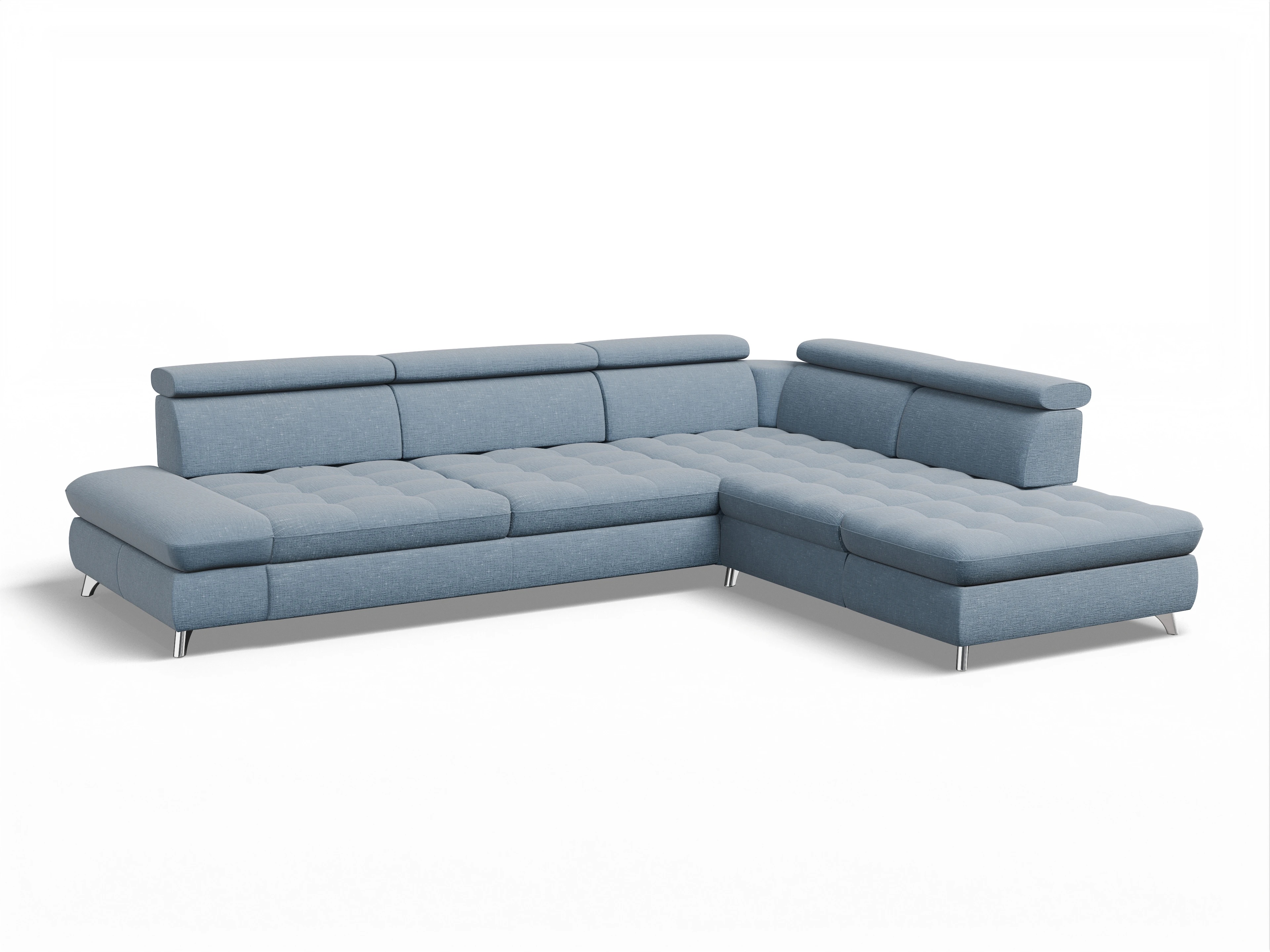 Ansicht des Produktes Memphis Stoff Ecksofa rechts Abschluss offen in Stoff Blau