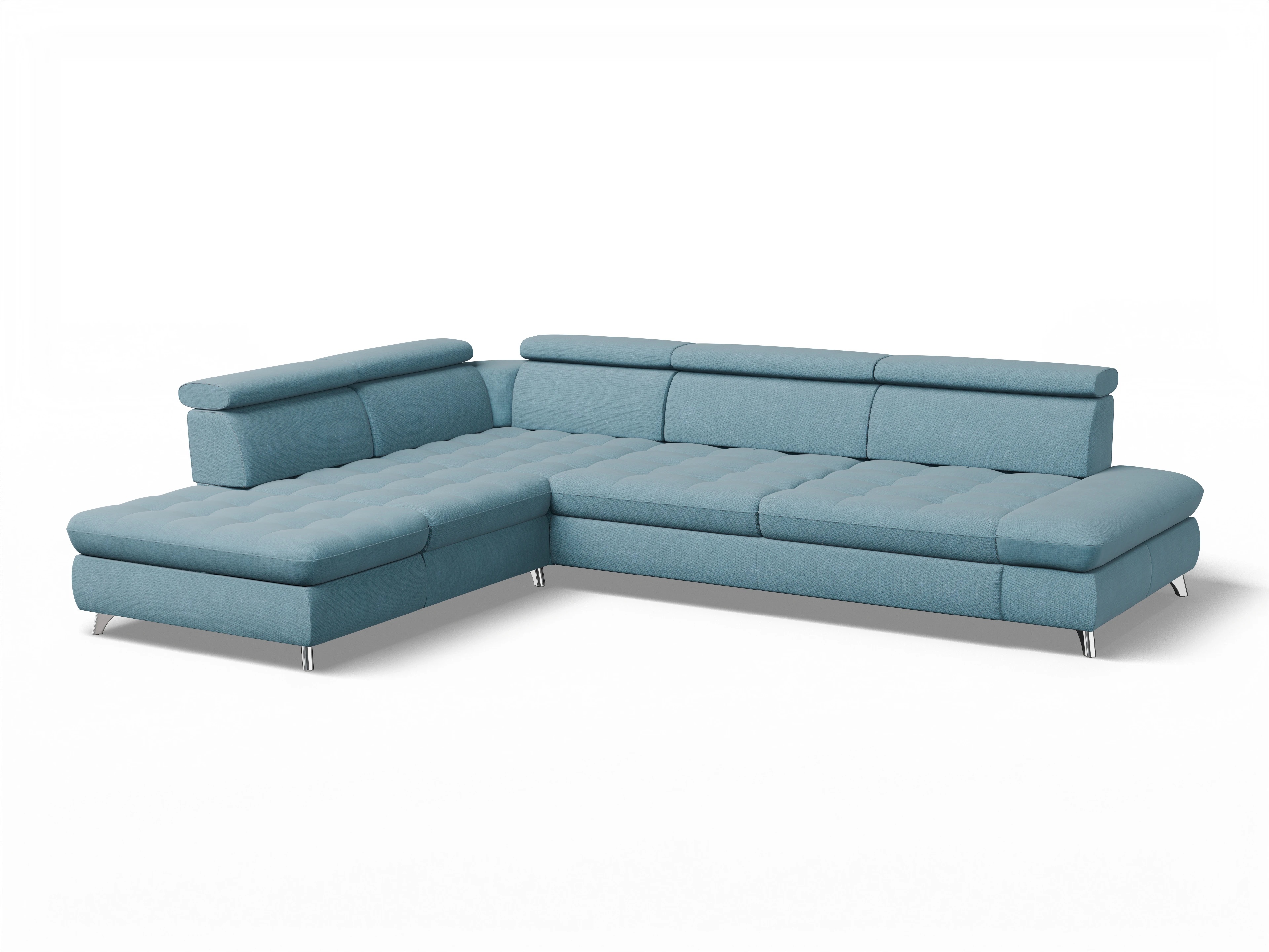 Ansicht des Produktes Memphis Stoff Ecksofa links Abschluss offen in Stoff Blau