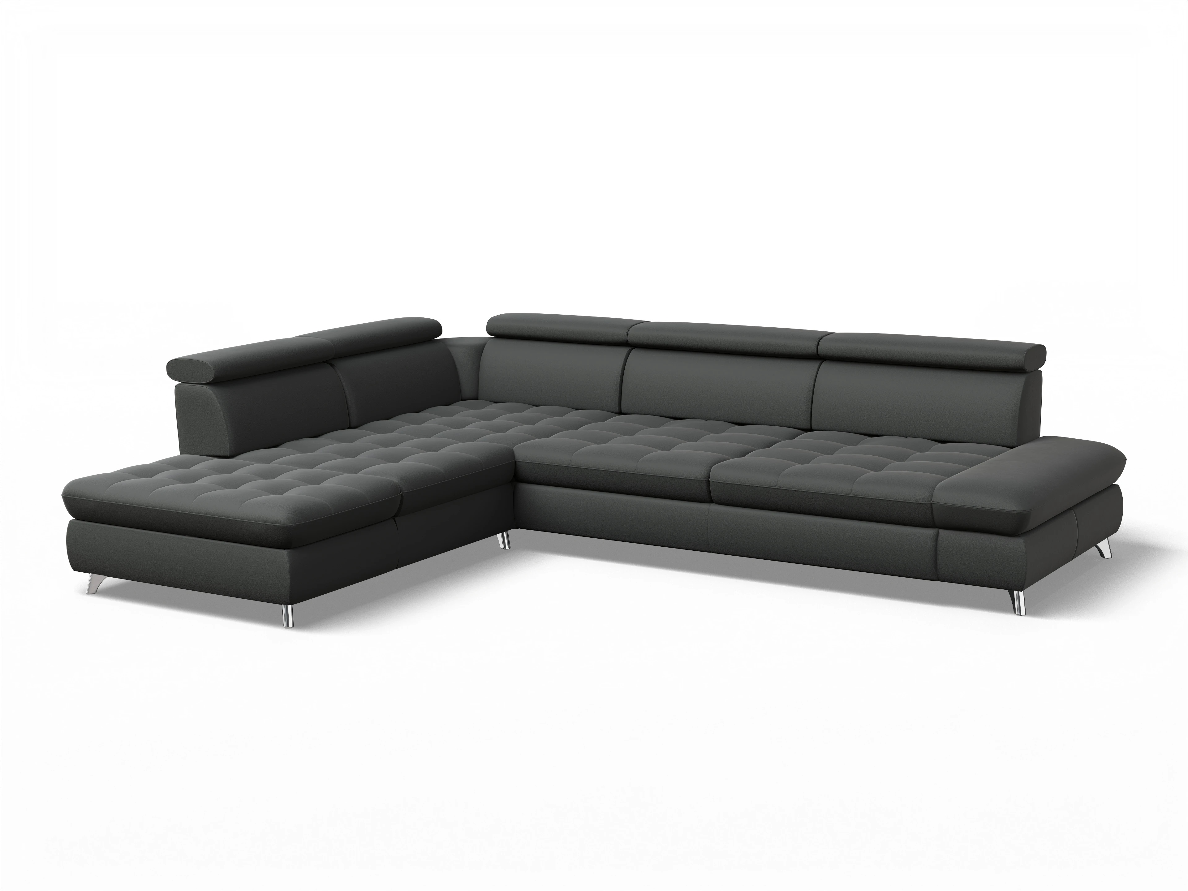 Ansicht des Produktes Memphis Stoff Ecksofa links Abschluss offen in Leder Grau