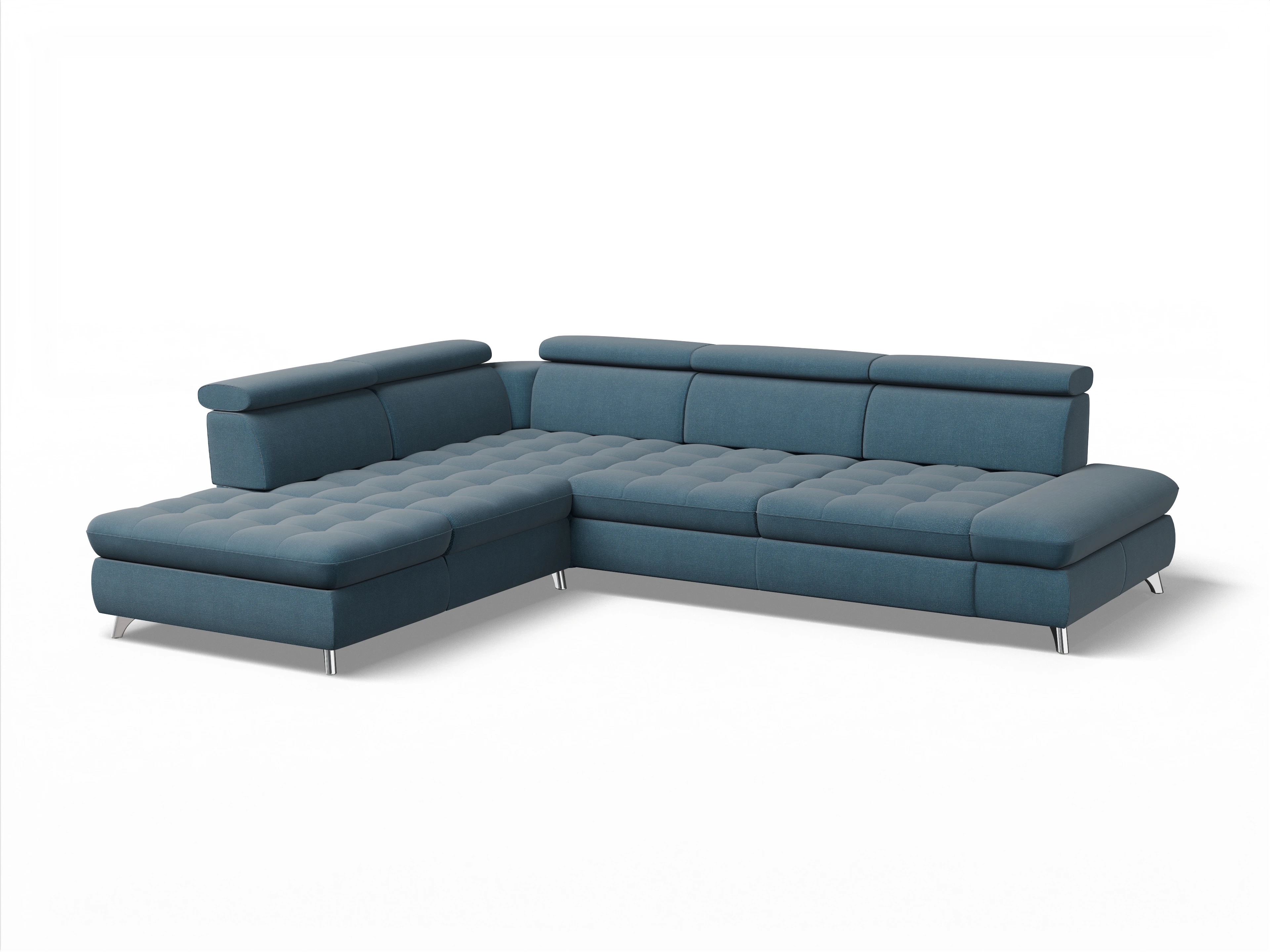 Ansicht des Produktes Memphis Stoff Ecksofa links Abschluss offen in Stoff Blau