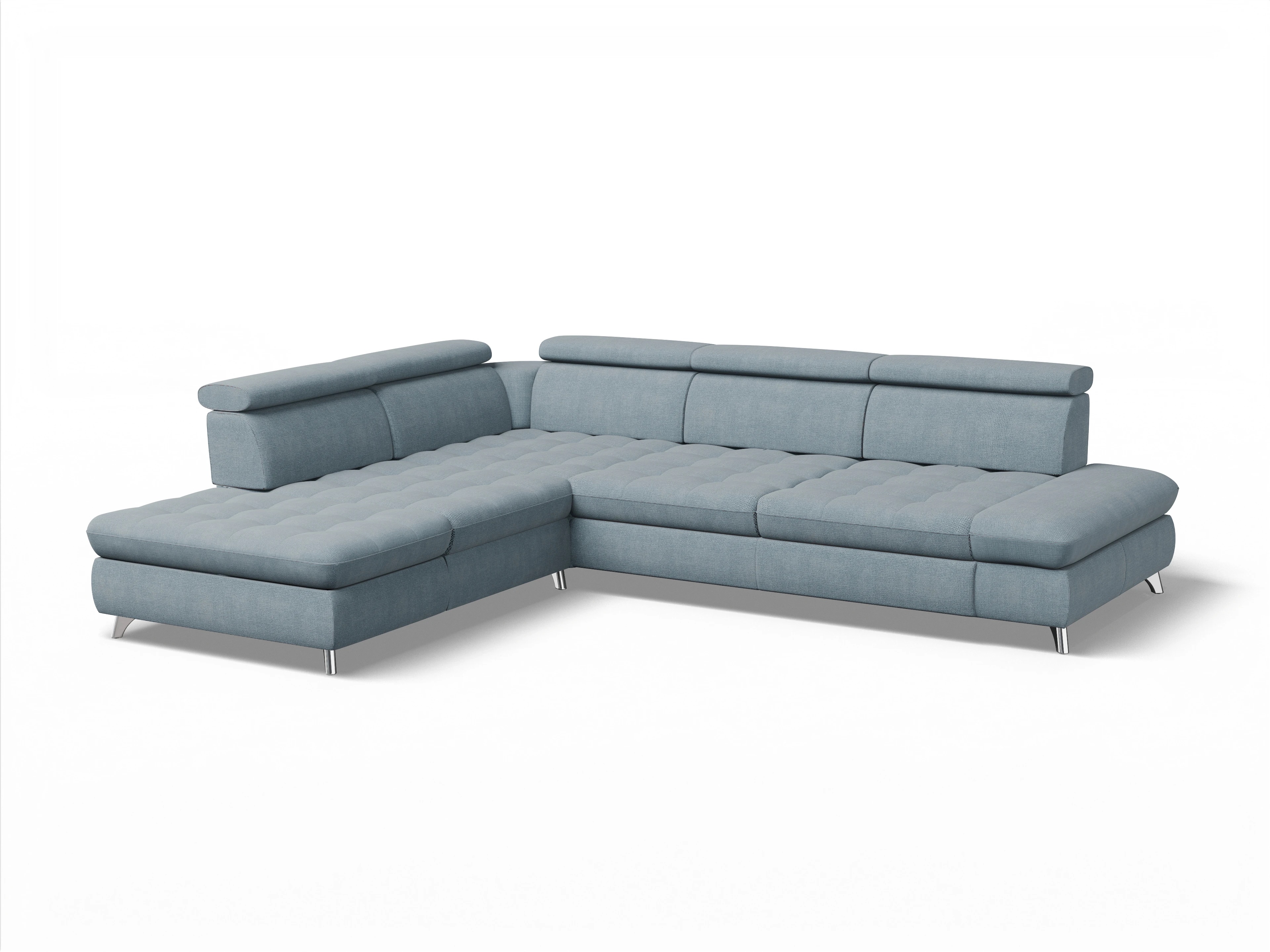 Ansicht des Produktes Memphis Stoff Ecksofa links Abschluss offen in Stoff Blau
