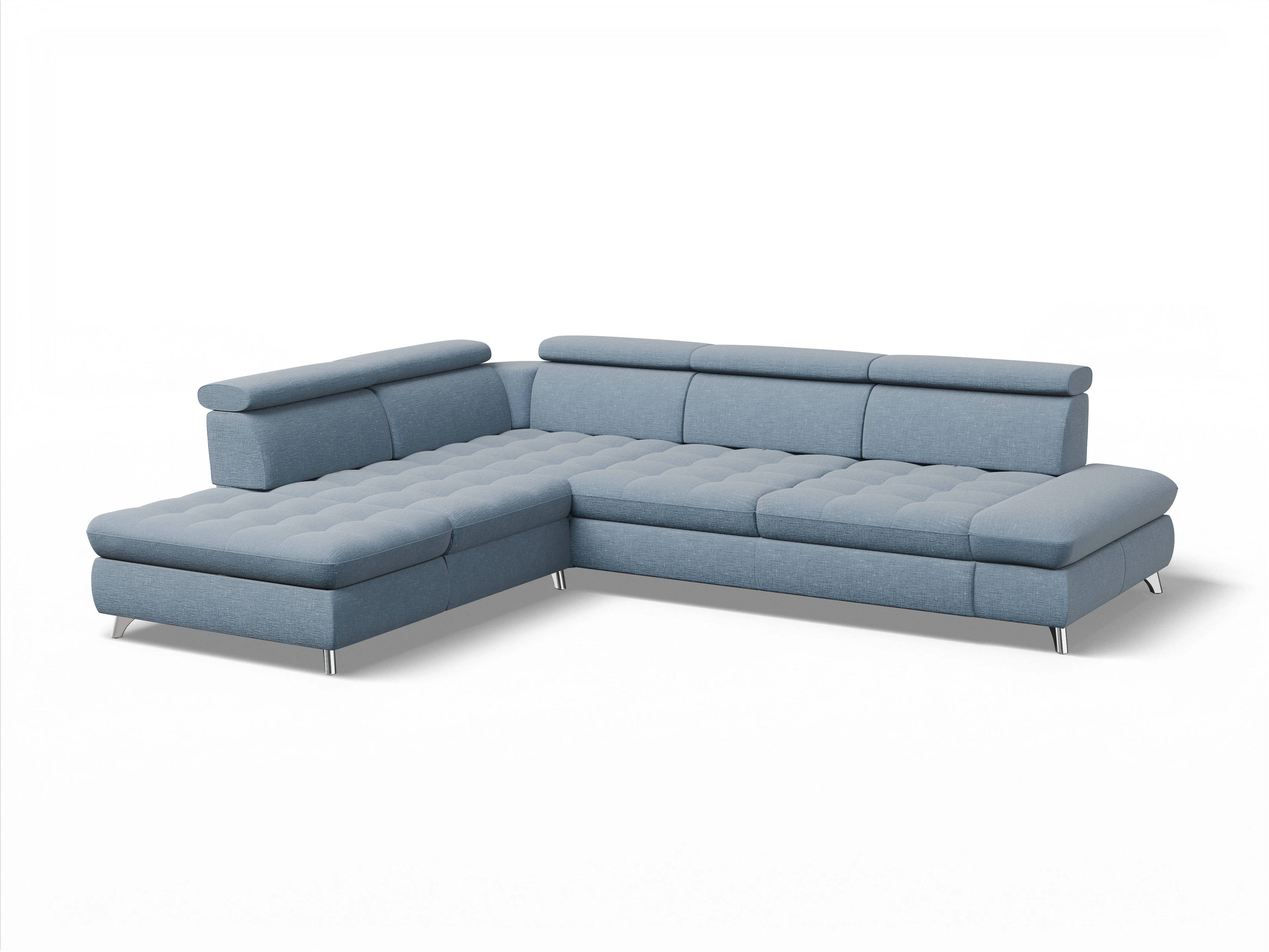 Ansicht des Produktes Memphis Stoff Ecksofa links Abschluss offen in Stoff Blau